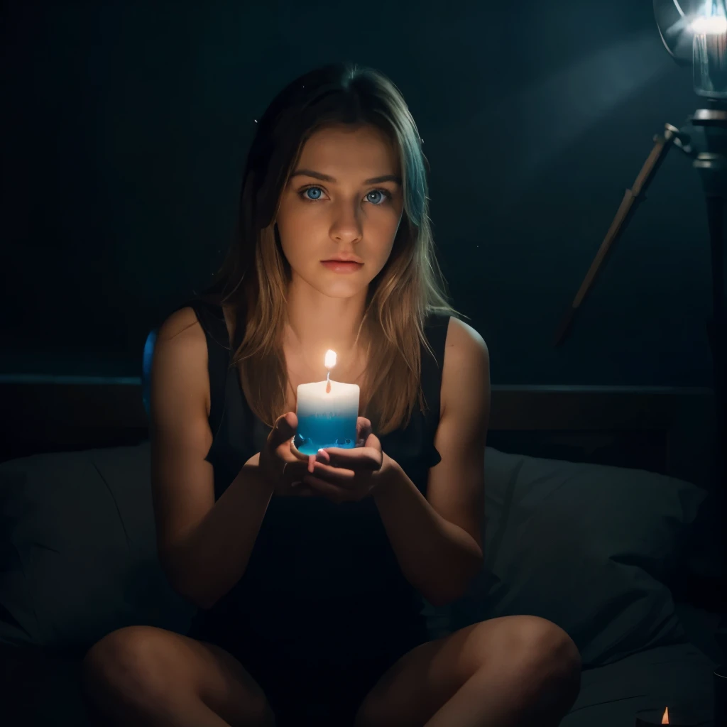 A pretty girl with intense blue eyes is sitting in a completely dark room. There is a lit candle 30 centimeters from his face, iluminando sus hermosos rasgos. estilo fotorrealista. 8K resolution. Muy detallado.