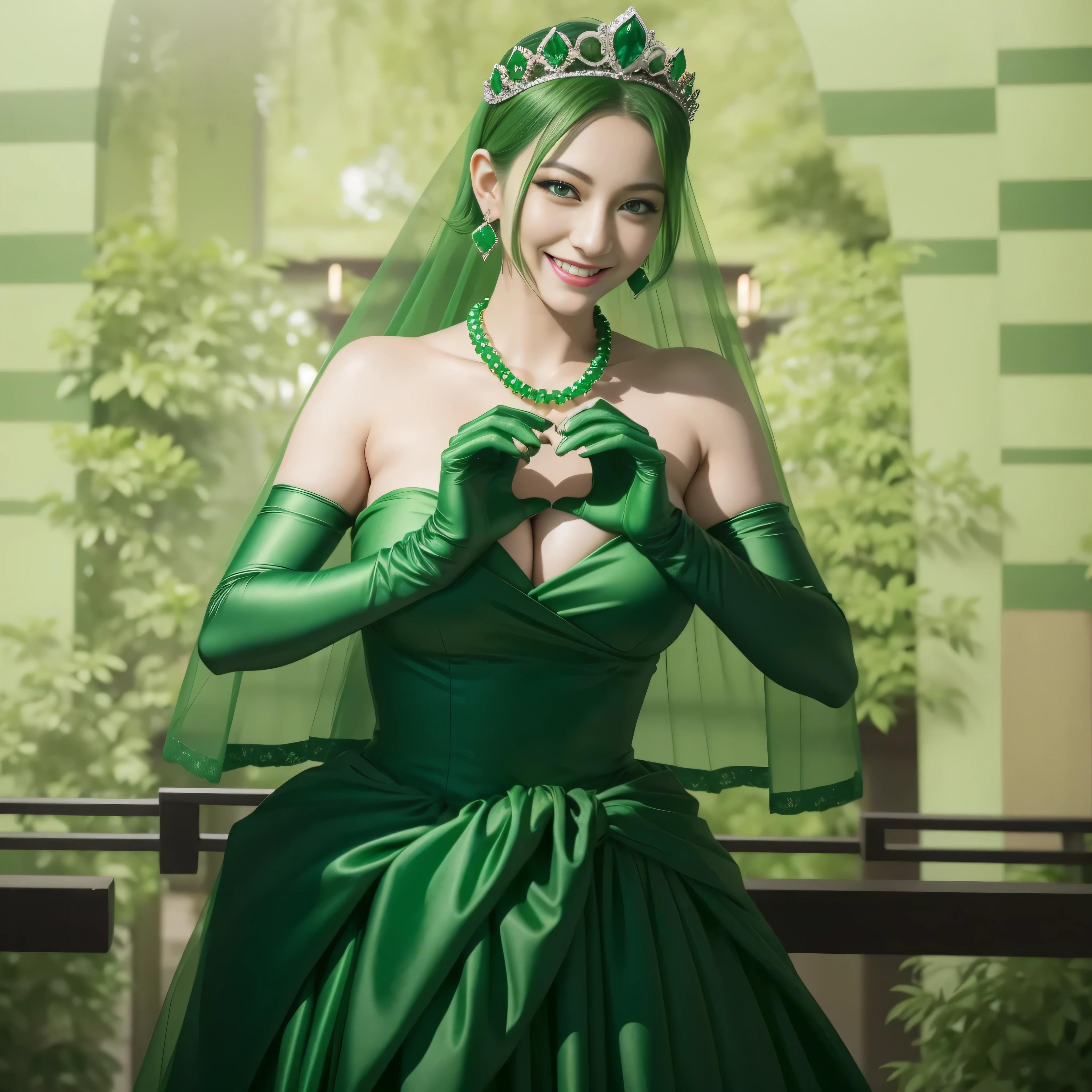 emerald tiara, green pearl necklace, ボーイッシュな非常に短いgreen hair, lipstick, smiling Japanese woman, very short hair,  Beauty with large breasts, green eyes, Long Green Satin Gloves, green eyes, emerald earrings, green veil, heart with both hands, green hair