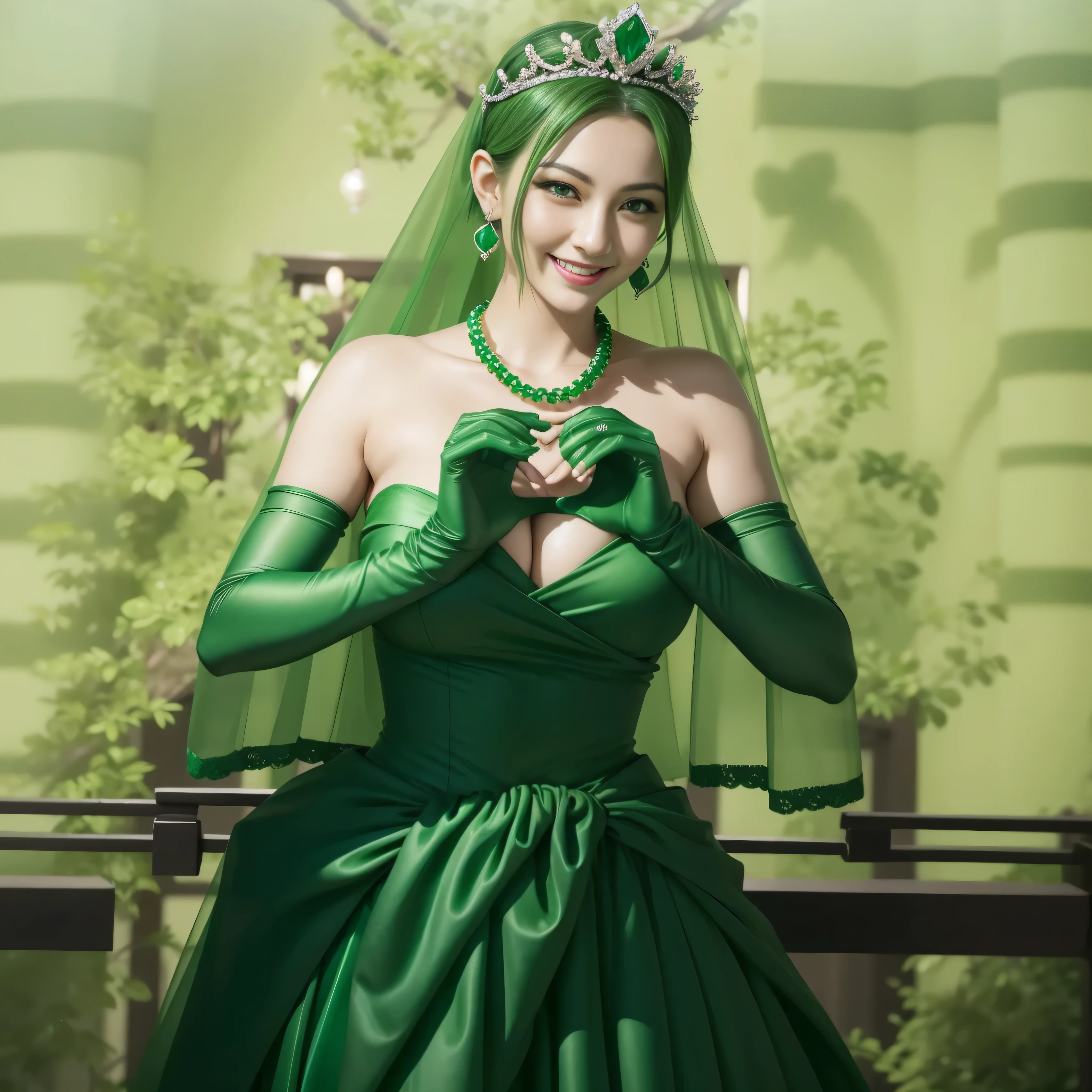 emerald tiara, green pearl necklace, ボーイッシュな非常に短いgreen hair, lipstick, smiling Japanese woman, very short hair,  Beauty with large breasts, green eyes, Long Green Satin Gloves, green eyes, emerald earrings, green veil, heart with both hands, green hair