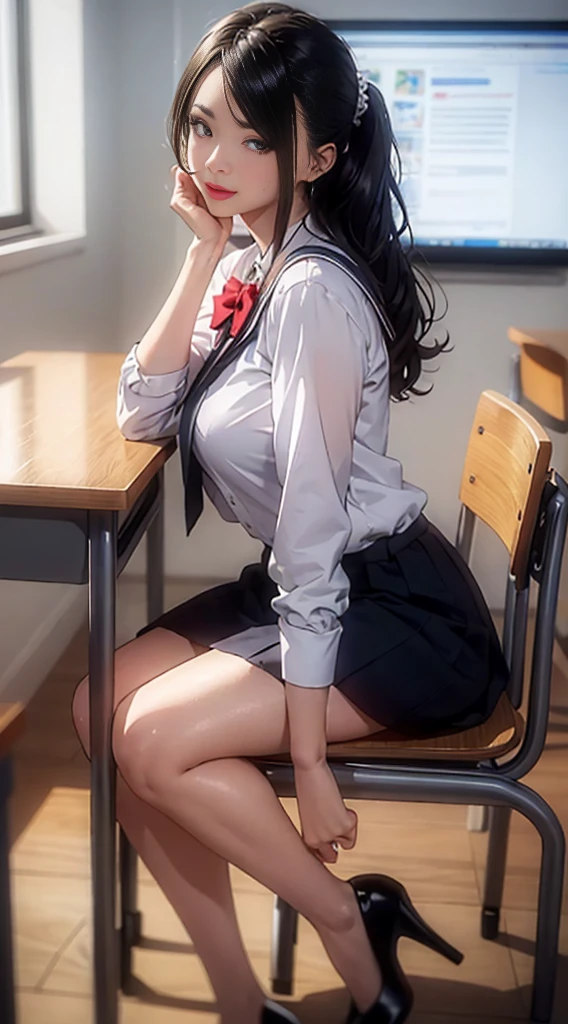 (((masterpiece,Highest Resolution,4K High Resolution,Crisp image quality:)Pussy juice(Detailed Hair,)(Inserting a dildo into a beautiful pussy)((Cool Beauty Teacher,Insurance class,Sex Classes:1.2)(Adult female:1.5)Beautiful big ,blackboard,pupil,Chalk,(It is attracting attention from students)Shyly spreading her legs wide,Tight Skirt,blouse,lipstick,Pussy juice,Realistic,(Showing insertion near the bottom)