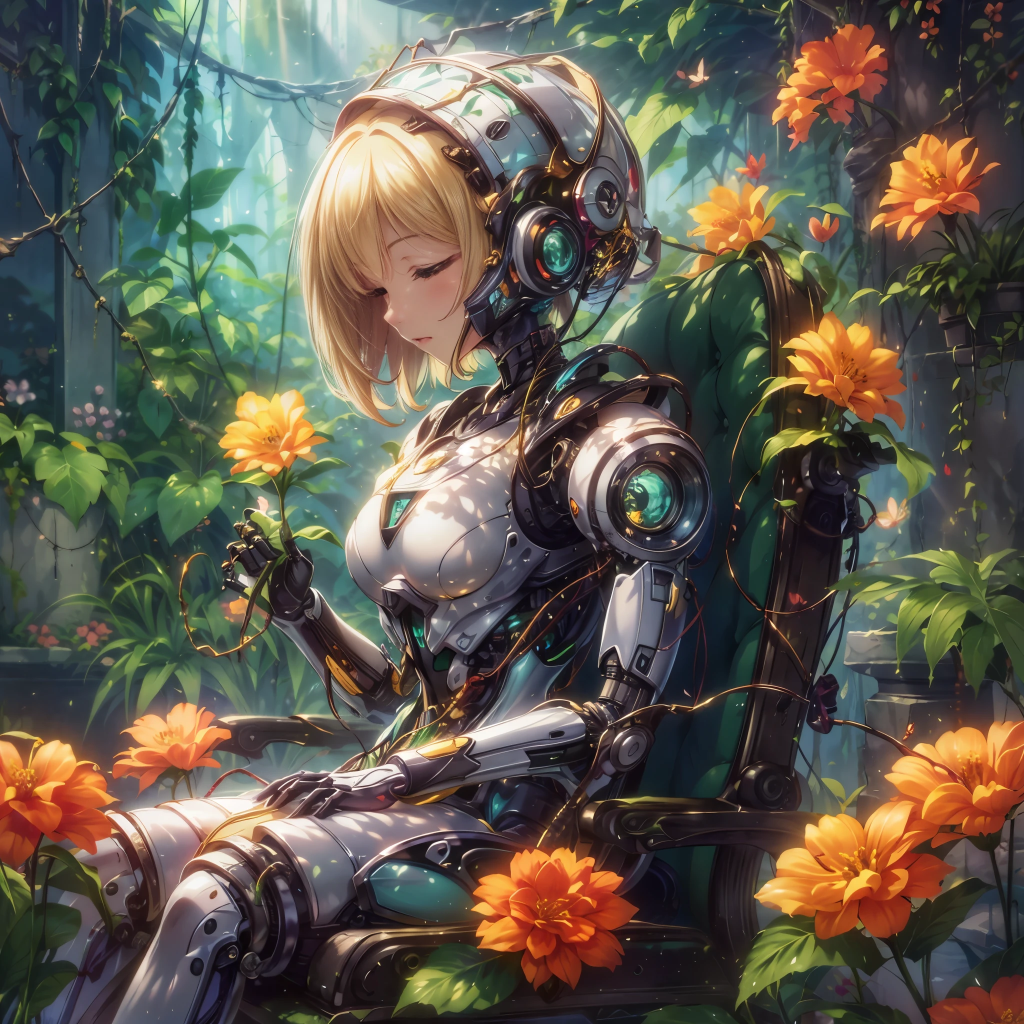 (masterpiece), best quality, expressive eyes, perfect face, a robot in girl_outfit sitting on a chair and hugging a flower, close eyes, headgear, leaf,vine,floral, plant twine, Mysterious, vivid color, wheel, gear,electric wires, tubes, ruins,rays of sunlight streaming through the dense foliage,Vibrant flowers in full bloom, delicate butterflies flitting about, a gentle breeze rustling the leaves, Soft lighting, golden sunlight streaming through the treetops