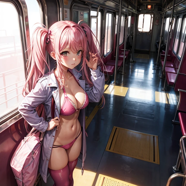 pink hair、twin tails、big breasts、tits、swimsuit、exposed、Slut、Thighhighs、long coat、train、trainの中