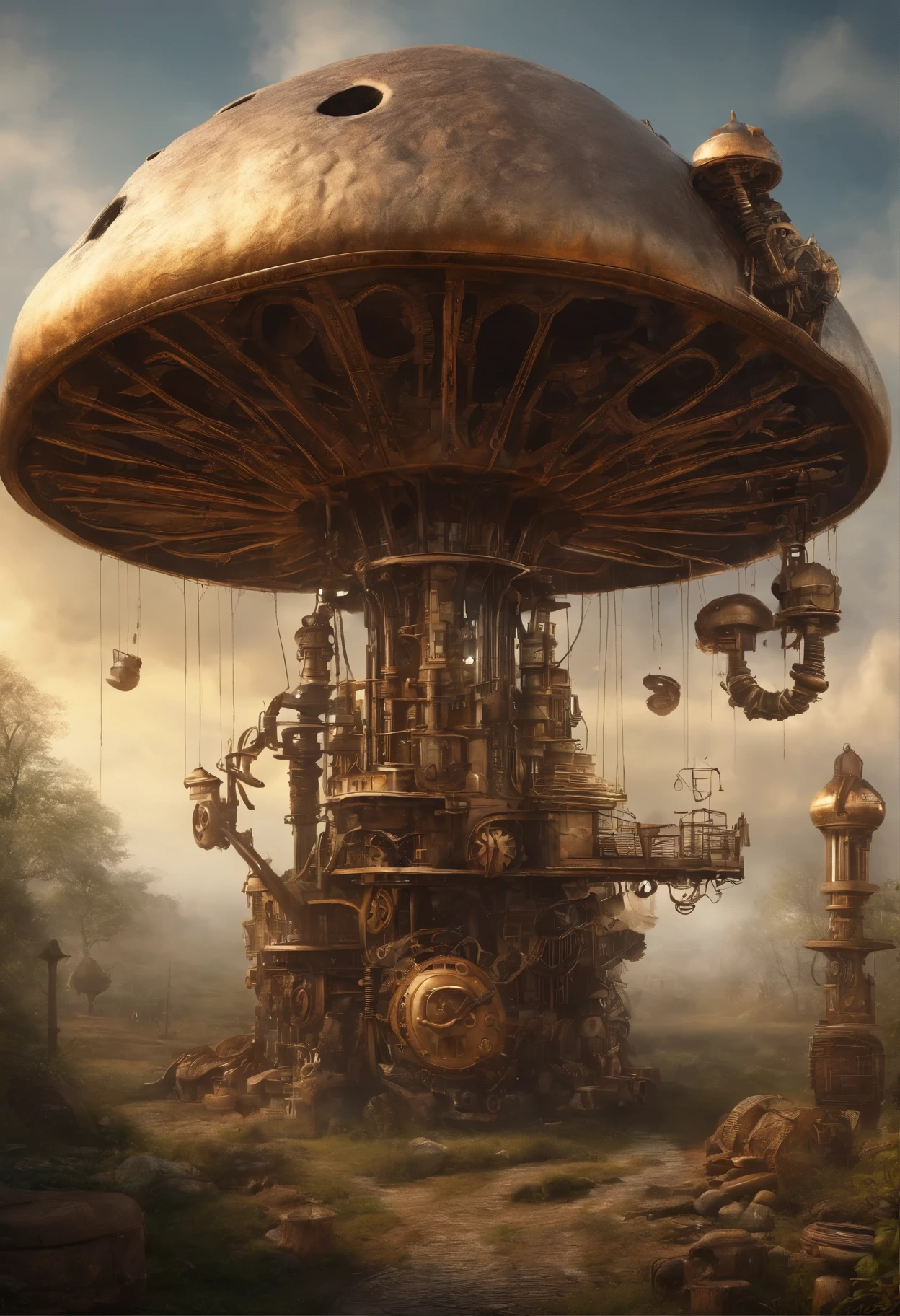 Giant mushroom, machinery,huge landscape, robotic, masterpiece, artstation hd, 8k
