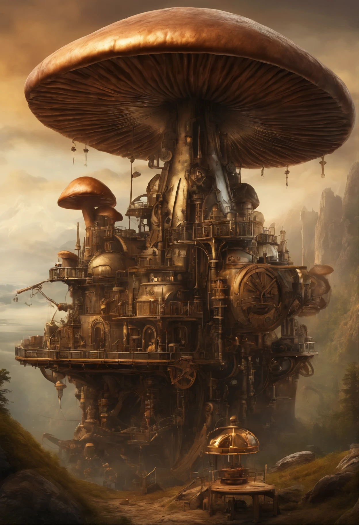 Giant mushroom, machinery,huge landscape, robotic, masterpiece, artstation hd, 8k