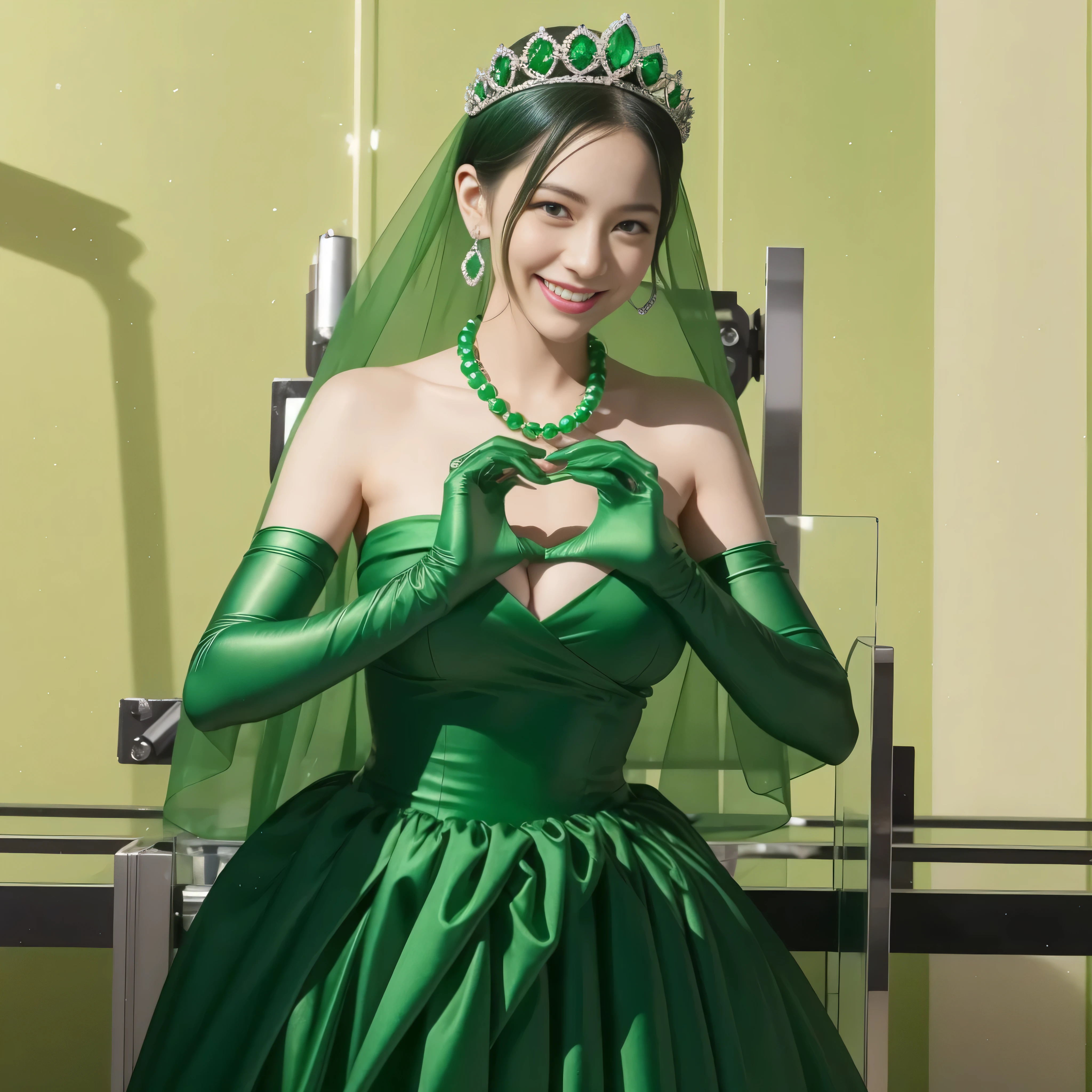 emerald tiara, green pearl necklace, boyish very short green hair, lipstick, smiling Japanese woman, very short hair,  Beauty with large breasts, green eyes, Long Green Satin Gloves, green eyes, emerald earrings, green veil, heart with both hands