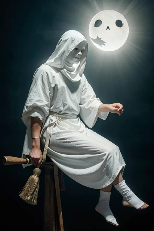 a white ghost riding on a broomstick