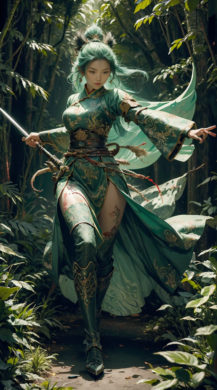 ((full body illustration)), high definition|quality|contrast. Magic fantasy art. an imposing Chinese warrior woman holding a staff in a combat pose, (((stand pose))), ((looking at the viewer)), traditional dress in shades of green, tattoo on her leg, ((swirl of leaves around)), wind, leaves. her body emanates an energy of peace and strength that emits white and green colors of peace and strength.This energy that radiates around her protects her against an evil spirit. soft ambient light. (((2.5D anime style)))