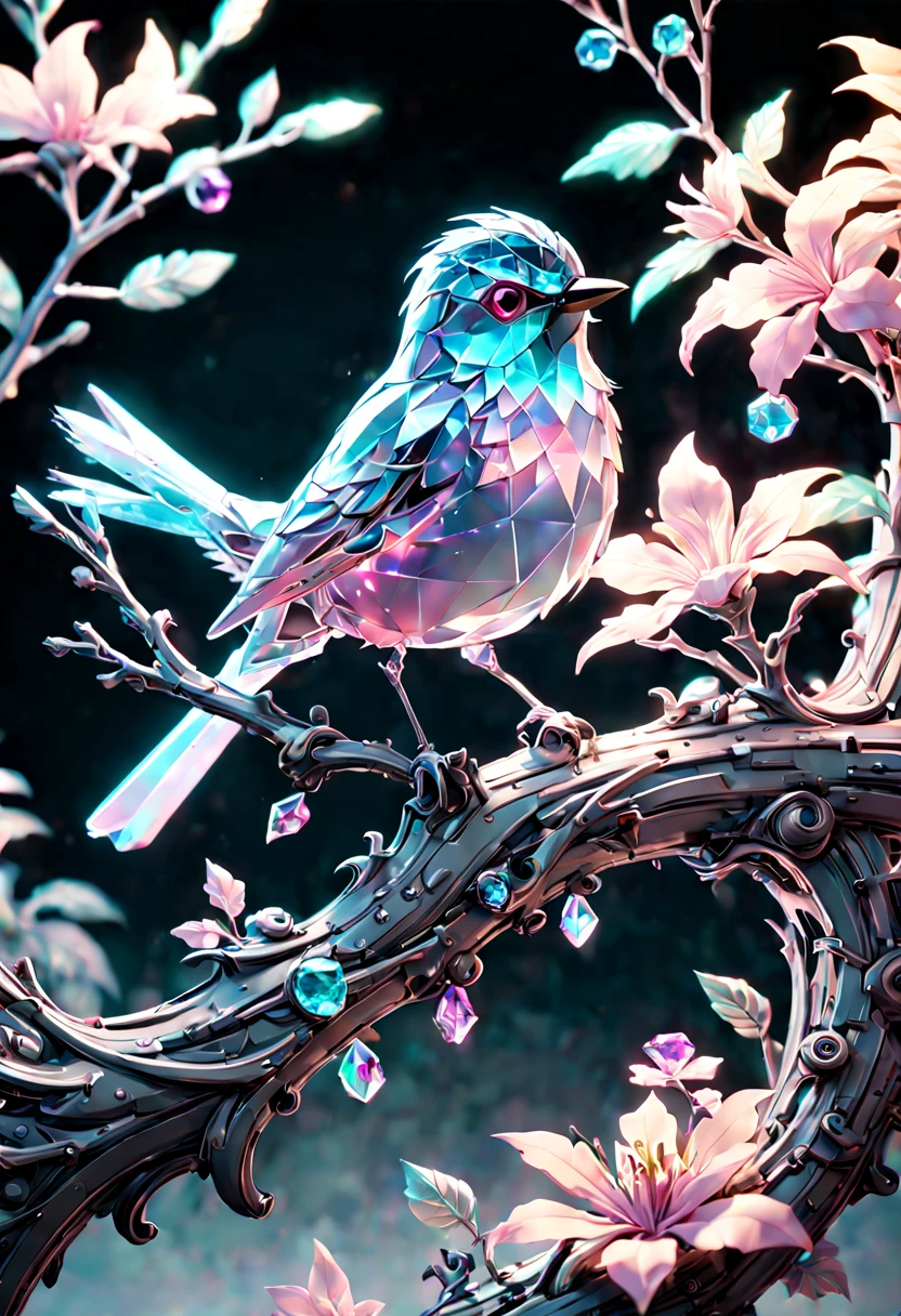 Delicate (pastel color crystal bird: 1.5) crystal glass, glitter, amongst flowers on branch, complex 3d render ultra detailed of a beautiful bird, beautiful studio soft light, rim light, vibrant details, cyberpunk, hyperrealistic, breathtaking fantasycore by Alberto Seveso, Erin Hanson, Jeremy Mann. maximalist highly detailed intricate professional photography, masterpiece, 8k resolution concept art, Artstation, cool colors, Unreal Engine 5, cgsociety, octane photo