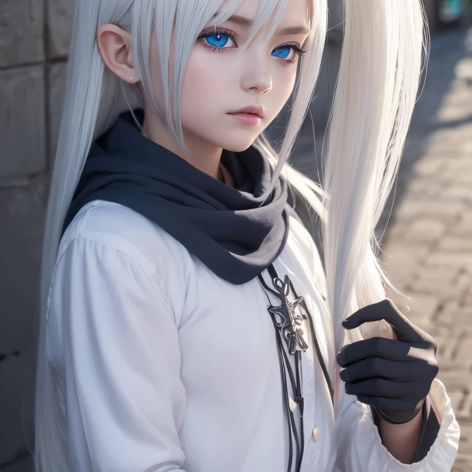 best quality, (wide shot), CGSsociety, 8K, ultra-realistic, masterpiece, child dark elf, white hair, blue eyes, white clothes, black scarf, looking up, upper body, lock of hair, dark skin, straight and loose hair