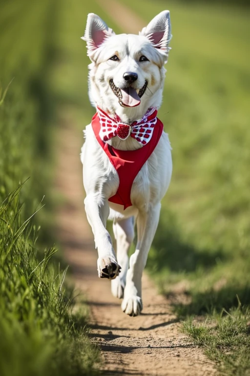  Zwergspitz dog with red bandana around his neck running fast on flowering grass