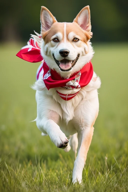  Zwergspitz dog with red bandana around his neck running fast on flowering grass