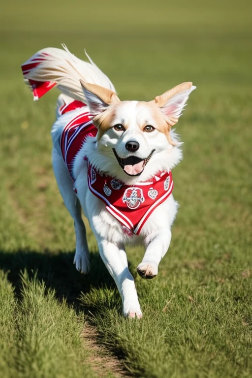 Zwergspitz dog with red bandana around his neck running fast on flowering grass