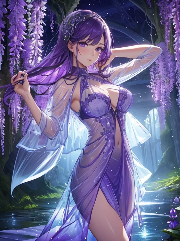 {{{{masterpiece}}}}, {{{super detailed}}}, {{{High resolution}}}, {{excellent anatomy}}, (((highest quality))), ((very delicate and beautiful)), {{very detailed and delicate}}, {8k cg wallpaper},((detailed background))One female、best style、beautiful woman、The most beautiful woman in the world、Purple flowers are blooming on the purple lake surface, soft purple glow, Purple light, (purple wisteria forest), Dynamic lighting for the wisteria season, art, shining purple, Purple petals are dancing everywhere、 The blossoming path to heaven, purple glow、Purple water、purple reflective water surface、purple light、(transparent sheer dress:1.5),((big breasts))、show through、waterside and wisteria