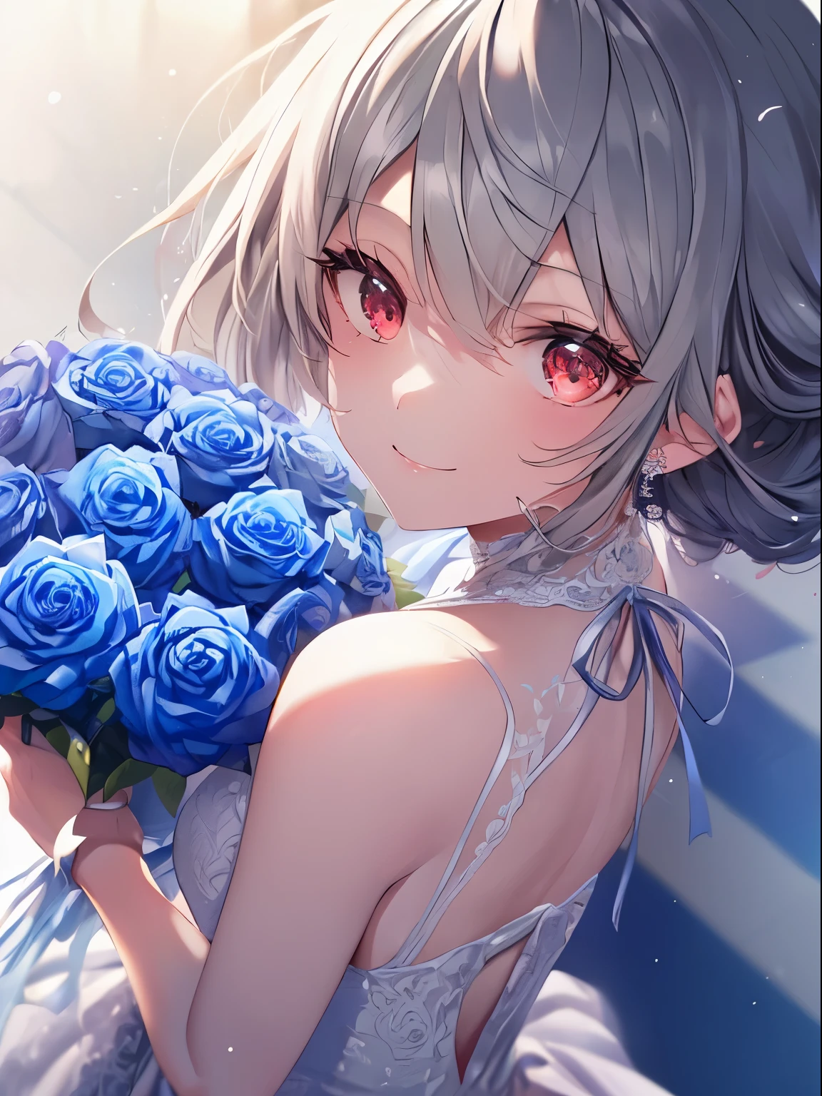 (table top.highest quality).(dynamic angle). (CG painting with very impressive details),(perfect image)、comic strip.figure.1 girl.detailed face、perfect face.delicate face、Girl in delicate white wedding dress、rough skin、(gray hair).short hair、(short braided hair)、((beautiful red eyes)).delicate and beautiful eyes、detailed eyes、Reflected eyes、Watery eye、smile.(Holding a bouquet of blue roses:1.3).(Blue petals flutter:0.8)、((Girl in white prom dress))、8k wallpaper、cowboy shot、reflected light、most detailed、Complex、delicate background、rough skin、fine skin、(super resolution)、