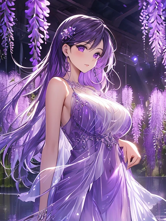 {{{{masterpiece}}}}, {{{super detailed}}}, {{{High resolution}}}, {{excellent anatomy}}, (((highest quality))), ((very delicate and beautiful)), {{very detailed and delicate}}, {8k cg wallpaper},((detailed background))One female、best style、beautiful woman、The most beautiful woman in the world、Purple flowers are blooming on the purple lake surface, soft purple glow, Purple light, (purple wisteria forest), Dynamic lighting for the wisteria season, art, shining purple, Purple petals are dancing everywhere、 The blossoming path to heaven, purple glow、Purple water、purple reflective water surface、purple light、(Sexy sheer dress:1.5),((big breasts))、show through、waterside and wisteria、Detailed design、beautiful design、Sexy design