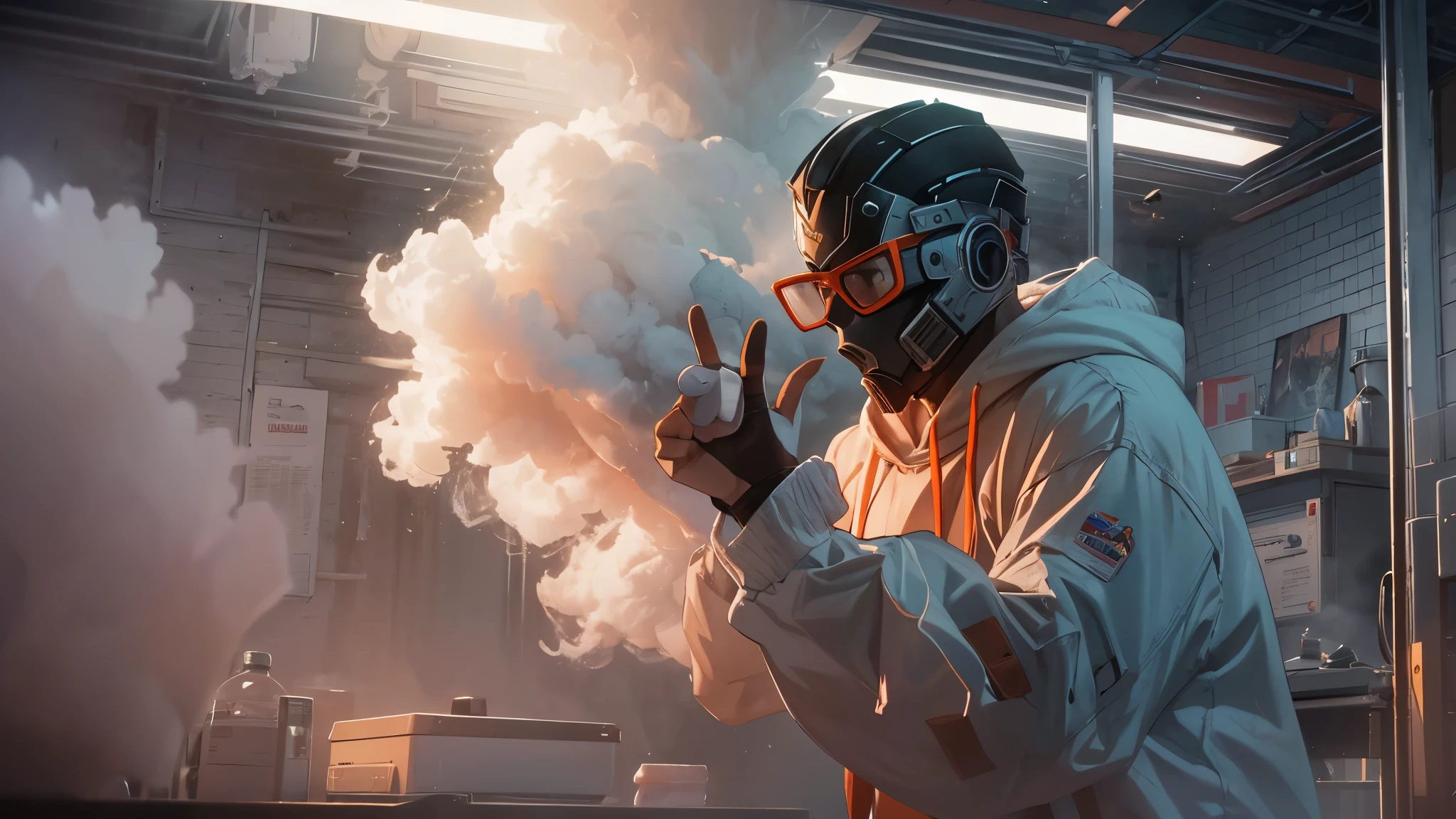 Illustrate the gripping scene as a black man wearing prescription glasses, adorned in a white windbreaker hoodie, dramatically interrupts the emotional tableau in the science lab. Craft a captivating composition capturing the moment when he launches a smoke grenade towards Reed Richards and Sue Storm, engulfing the setting in a mysterious haze. The dynamic interplay of warm sunlight, swirling smoke, and orange volumetric fog intensifies the atmosphere, infusing the artwork with suspense and intrigue. Utilize Unreal Engine 5 to meticulously render ultra-realistic 64K CG, ensuring the highest quality imagery. Maintain a commitment to photorealism by incorporating 8K UHD resolution, DSLR quality, film grain, and lomography touches. Emphasize the translucent effects, now heightened by the smoke and fog, to create a visually striking composition. Balance the serene vulnerability of the Invisible Woman cradling Mr. Fantastic with the sudden intrusion of the mysterious figure, introducing a compelling contrast in emotions and action. This unexpected turn in the narrative promises a visually engaging and immersive experience for the viewer, seamlessly blending high-quality visuals, translucent effects, and photorealism to captivate the audience.