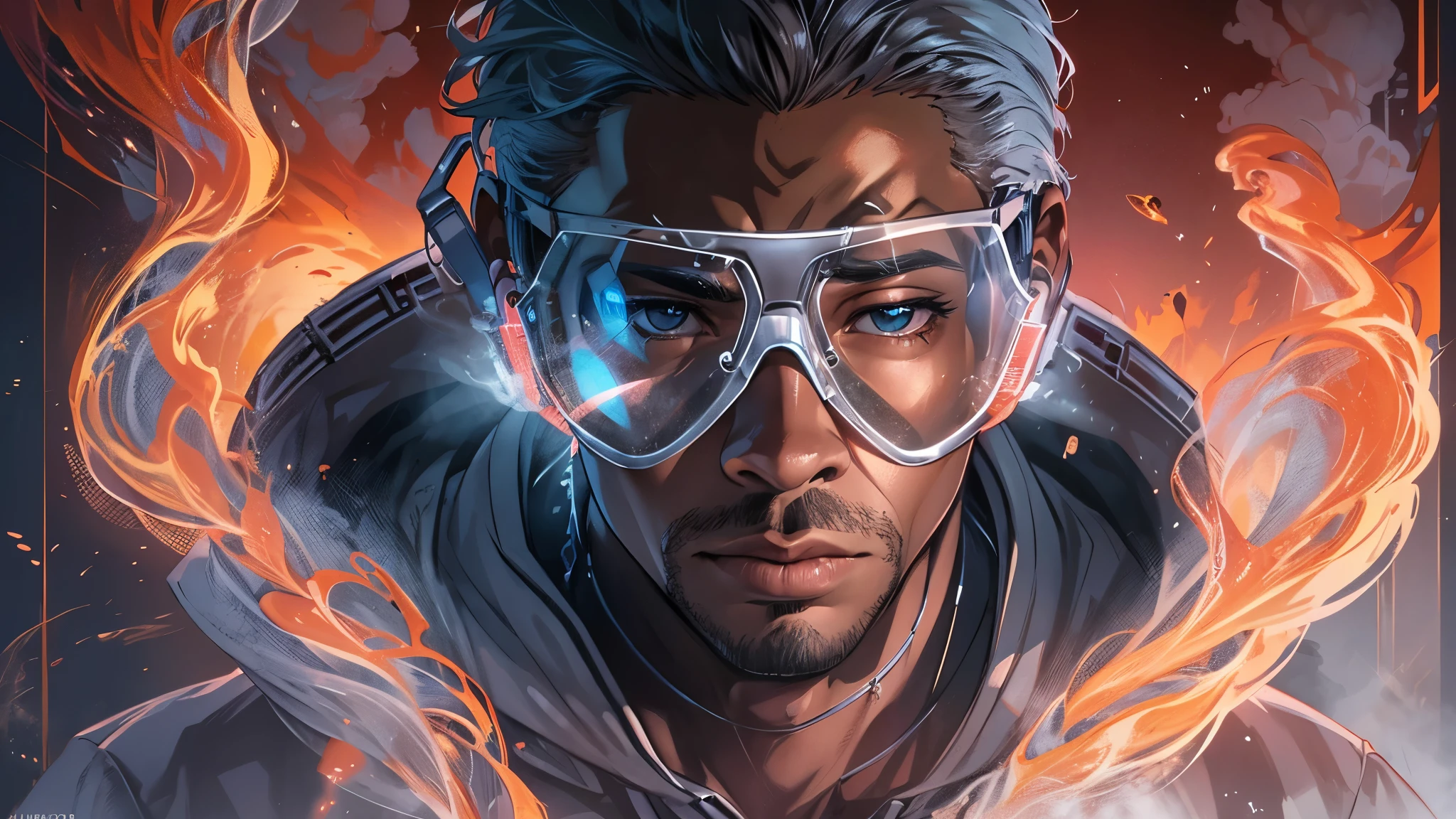 Illustrate the gripping scene as a black man wearing prescription glasses, adorned in a white windbreaker hoodie, dramatically interrupts the emotional tableau in the science lab. Craft a captivating composition capturing the moment when he launches a smoke grenade towards Reed Richards and Sue Storm, engulfing the setting in a mysterious haze. The dynamic interplay of warm sunlight, swirling smoke, and orange volumetric fog intensifies the atmosphere, infusing the artwork with suspense and intrigue. Utilize Unreal Engine 5 to meticulously render ultra-realistic 64K CG, ensuring the highest quality imagery. Maintain a commitment to photorealism by incorporating 8K UHD resolution, DSLR quality, film grain, and lomography touches. Emphasize the translucent effects, now heightened by the smoke and fog, to create a visually striking composition. Balance the serene vulnerability of the Invisible Woman cradling Mr. Fantastic with the sudden intrusion of the mysterious figure, introducing a compelling contrast in emotions and action. This unexpected turn in the narrative promises a visually engaging and immersive experience for the viewer, seamlessly blending high-quality visuals, translucent effects, and photorealism to captivate the audience.