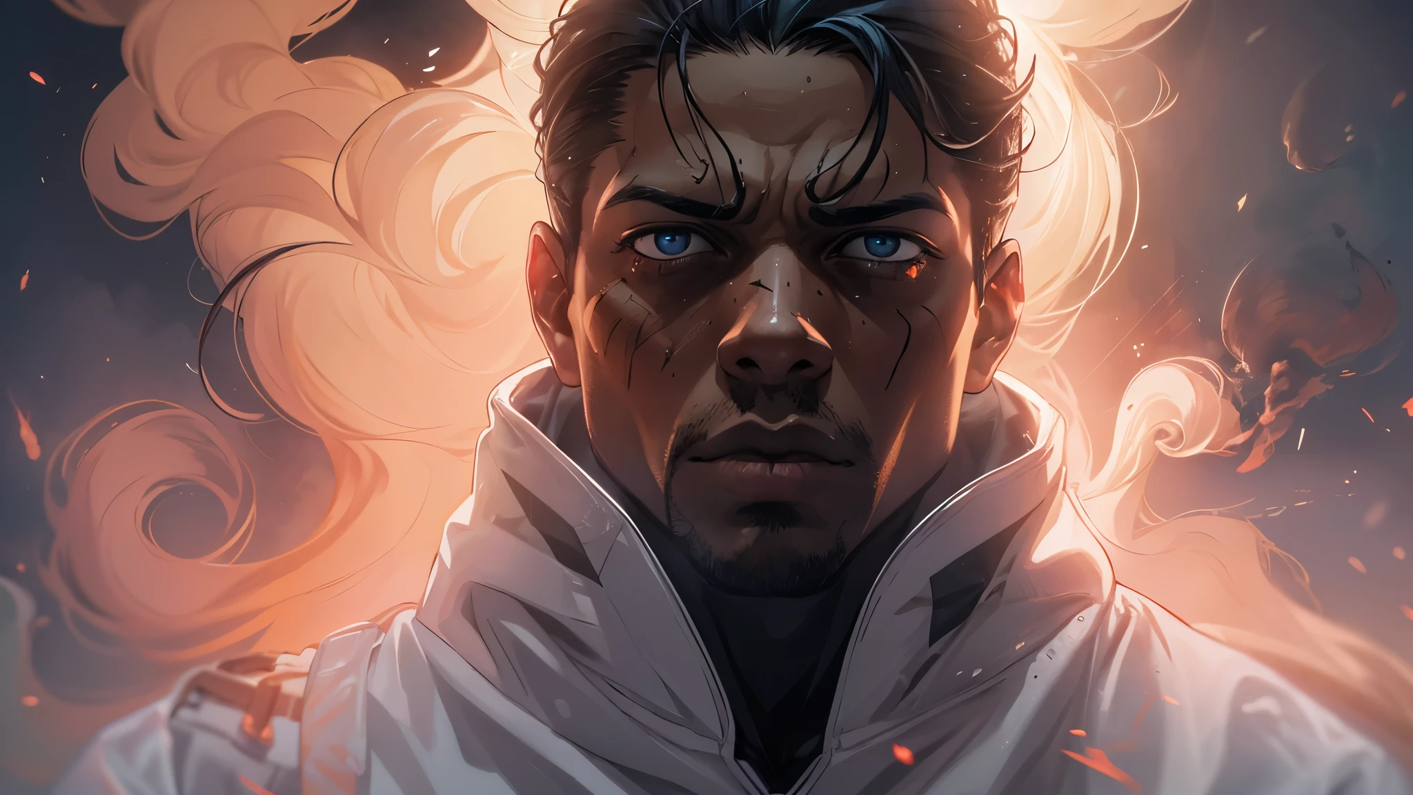 
Illustrate the gripping scene as a black man, adorned in a white windbreaker hoodie, dramatically interrupts the emotional tableau in the science lab. Craft a captivating composition capturing the moment when he launches a smoke grenade towards Reed Richards and Sue Storm, engulfing the setting in a mysterious haze. The dynamic interplay of warm sunlight, swirling smoke, and orange volumetric fog intensifies the atmosphere, infusing the artwork with suspense and intrigue.

Utilize Unreal Engine 5 to meticulously render ultra-realistic 64K CG, ensuring the highest quality imagery. Maintain a commitment to photorealism by incorporating 8K UHD resolution, DSLR quality, film grain, and lomography touches. Emphasize the translucent effects, now heightened by the smoke and fog, to create a visually striking composition.

Balance the serene vulnerability of the Invisible Woman cradling Mr. Fantastic with the sudden intrusion of the mysterious figure, introducing a compelling contrast in emotions and action. This unexpected turn in the narrative promises a visually engaging and immersive experience for the viewer, seamlessly blending high-quality visuals, translucent effects, and photorealism to captivate the audience.