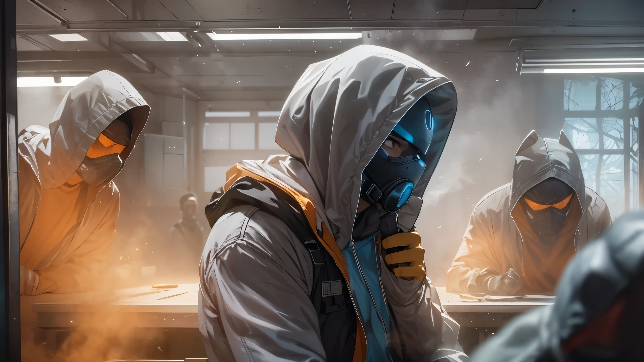 
Illustrate the gripping scene as a black man, adorned in a white windbreaker hoodie, dramatically interrupts the emotional tableau in the science lab. Craft a captivating composition capturing the moment when he launches a smoke grenade towards Reed Richards and Sue Storm, engulfing the setting in a mysterious haze. The dynamic interplay of warm sunlight, swirling smoke, and orange volumetric fog intensifies the atmosphere, infusing the artwork with suspense and intrigue.

Utilize Unreal Engine 5 to meticulously render ultra-realistic 64K CG, ensuring the highest quality imagery. Maintain a commitment to photorealism by incorporating 8K UHD resolution, DSLR quality, film grain, and lomography touches. Emphasize the translucent effects, now heightened by the smoke and fog, to create a visually striking composition.

Balance the serene vulnerability of the Invisible Woman cradling Mr. Fantastic with the sudden intrusion of the mysterious figure, introducing a compelling contrast in emotions and action. This unexpected turn in the narrative promises a visually engaging and immersive experience for the viewer, seamlessly blending high-quality visuals, translucent effects, and photorealism to captivate the audience.