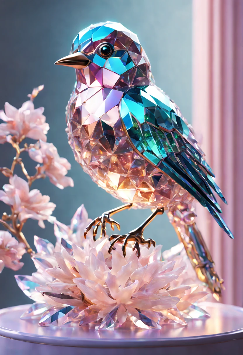 Delicate (pastel color crystal bird: 1.5) crystal glass, glitter, amongst flowers on branch, complex 3d render ultra detailed of a beautiful bird, beautiful studio soft light, rim light, vibrant details, cyberpunk, hyperrealistic, breathtaking fantasycore by Alberto Seveso, Erin Hanson, Jeremy Mann. maximalist highly detailed intricate professional photography, masterpiece, 8k resolution concept art, Artstation, cool colors, Unreal Engine 5, cgsociety, octane photo