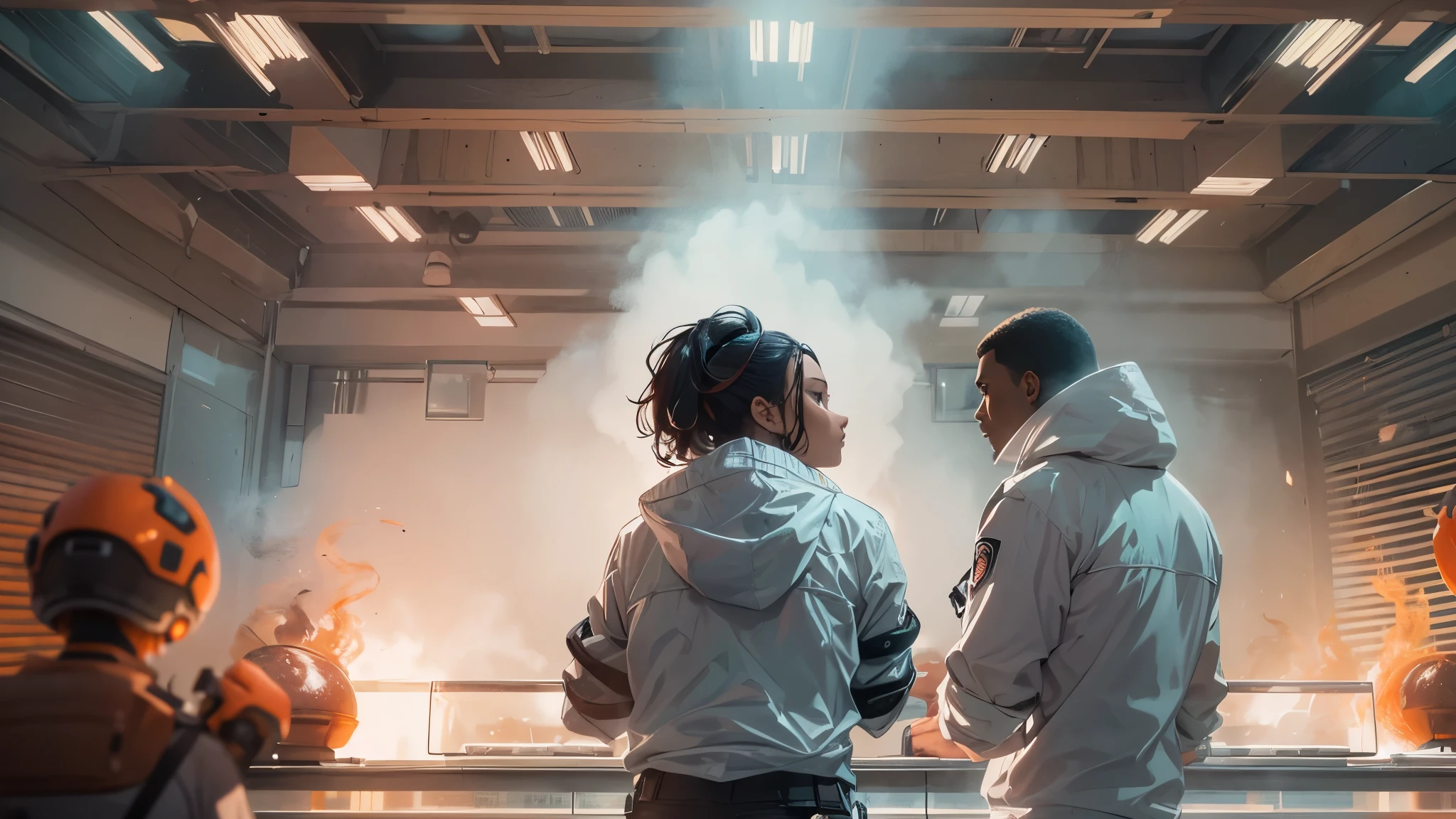 
Illustrate the gripping scene as a black man, adorned in a white windbreaker hoodie, dramatically interrupts the emotional tableau in the science lab. Craft a captivating composition capturing the moment when he launches a smoke grenade towards Reed Richards and Sue Storm, engulfing the setting in a mysterious haze. The dynamic interplay of warm sunlight, swirling smoke, and orange volumetric fog intensifies the atmosphere, infusing the artwork with suspense and intrigue.

Utilize Unreal Engine 5 to meticulously render ultra-realistic 64K CG, ensuring the highest quality imagery. Maintain a commitment to photorealism by incorporating 8K UHD resolution, DSLR quality, film grain, and lomography touches. Emphasize the translucent effects, now heightened by the smoke and fog, to create a visually striking composition.

Balance the serene vulnerability of the Invisible Woman cradling Mr. Fantastic with the sudden intrusion of the mysterious figure, introducing a compelling contrast in emotions and action. This unexpected turn in the narrative promises a visually engaging and immersive experience for the viewer, seamlessly blending high-quality visuals, translucent effects, and photorealism to captivate the audience.