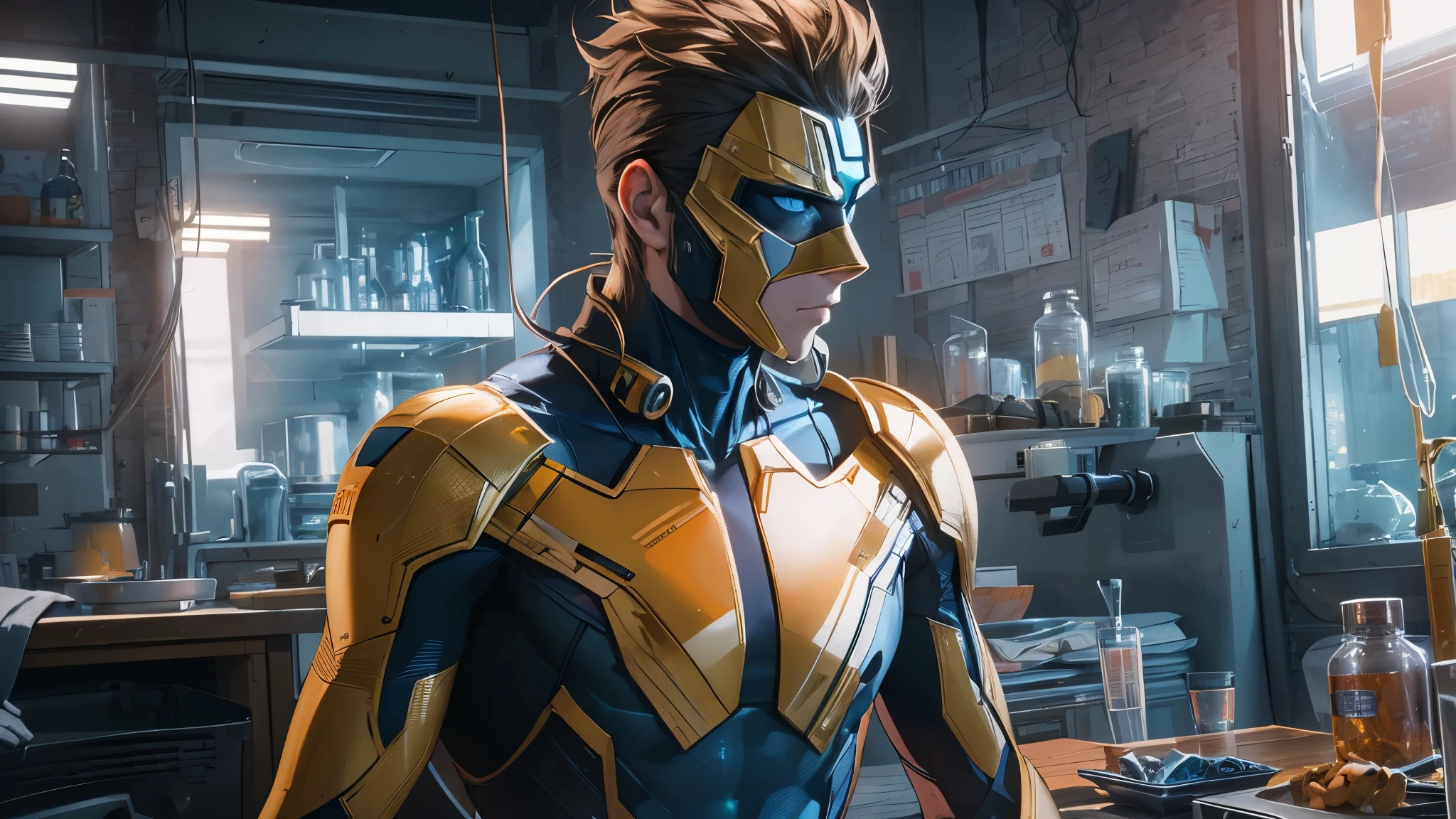 Capture the breathtaking moment as Mr. Fantastic Reed Richards is stretch out all over a science lab taking his last breath because of the orange poison gas in the air. Sue Storm the Invisible woman holds him in her arms. This RAW masterpiece showcases an ultra-high resolution, photorealistic full-body portrait, illuminated by the warm glow of sunlight. The scene is rendered in the captivating style of mecha sci-fi anime, boasting an impressive 8K resolution for the best quality imagery. Crafted with Unreal Engine 5, this piece features ultra-realistic 64K CG, skin texture at 1.4, and orange volumetric fog to add depth and atmosphere. The details are further enhanced with 8K UHD, DSLR quality, film grain, and the artistic touch of lomography. The result is a stunning blend of high-quality visuals, translucent effects, and photorealism that truly captivates the viewer.