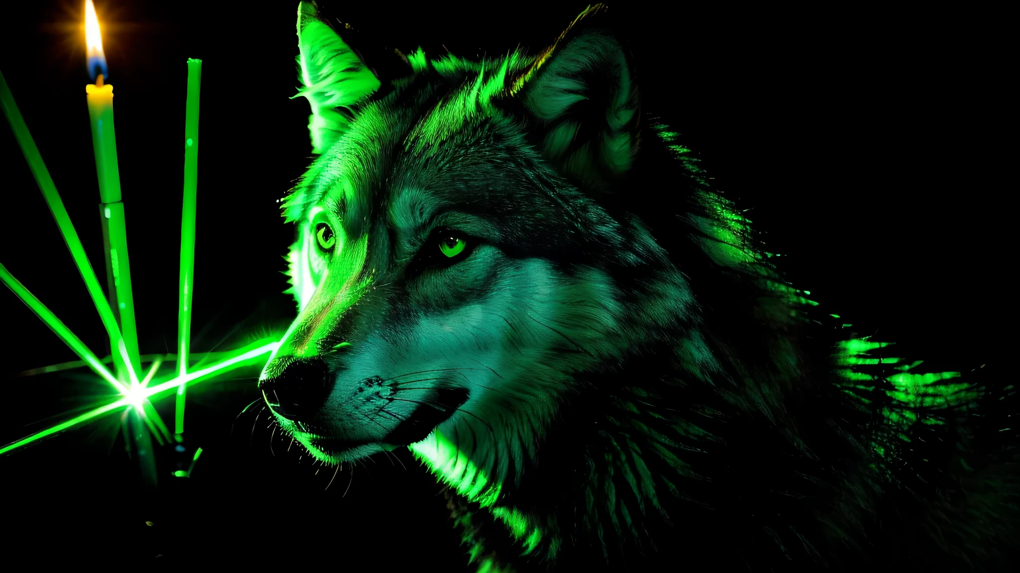 KIDS GIRL vampire green clothes. and candles AND WOLF , GREEN LASER