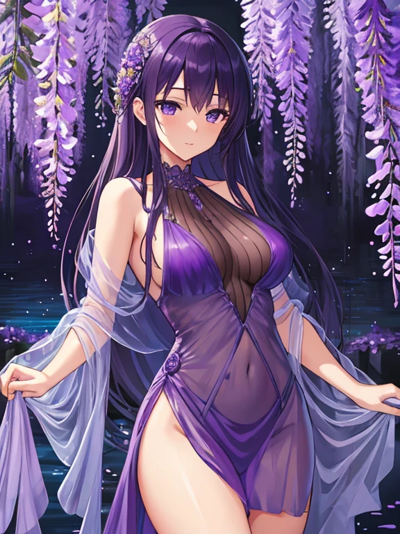 {{{{masterpiece}}}}, {{{super detailed}}}, {{{High resolution}}}, {{excellent anatomy}}, (((highest quality))), ((very delicate and beautiful)), {{very detailed and delicate}}, {8k cg wallpaper},((detailed background))One female、best style、beautiful woman、The most beautiful woman in the world、Purple flowers are blooming on the purple lake surface, soft purple glow, Purple light, (purple wisteria forest), Dynamic lighting for the wisteria season, art, shining purple, Purple petals are dancing everywhere、 The blossoming path to heaven, purple glow、Purple water、purple reflective water surface、purple light、(Sexy sheer dress:1.5),((big breasts))、show through、waterside and wisteria、Detailed design、beautiful design