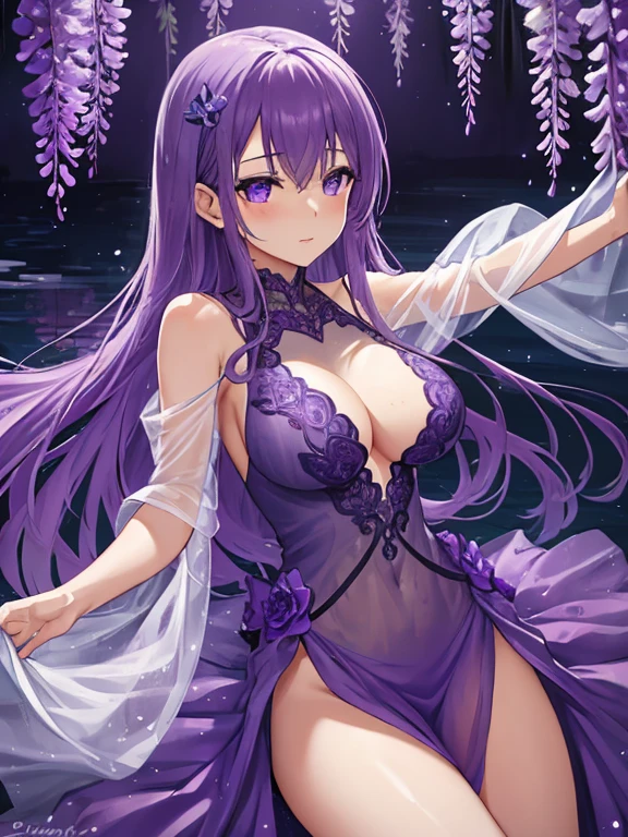 {{{{masterpiece}}}}, {{{super detailed}}}, {{{High resolution}}}, {{excellent anatomy}}, (((highest quality))), ((very delicate and beautiful)), {{very detailed and delicate}}, {8k cg wallpaper},((detailed background))One female、best style、beautiful woman、The most beautiful woman in the world、Purple flowers are blooming on the purple lake surface, soft purple glow, Purple light, (purple wisteria forest), Dynamic lighting for the wisteria season, art, shining purple, Purple petals are dancing everywhere、 The blossoming path to heaven, purple glow、Purple water、purple reflective water surface、purple light、(Sexy sheer dress:1.5),((big breasts))、show through、waterside and wisteria、Detailed design、beautiful design