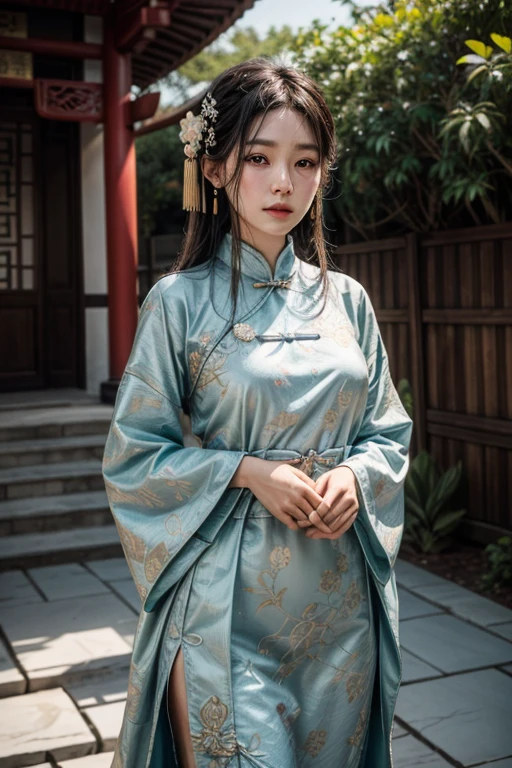 Exceptional detail, absurdres, 1girl, black hair, realistic, chinese clothes, flower, hair ornament, standing, Chinese Ancient tower, Chinese Ancient time, Ancient Temple, outdoor, RAW photo, (high detailed skin:1.2), 8k UHD, DSLR, soft lighting, high quality, film grain, Fujifilm XT3, RAW candid cinema, 16mm, color graded portra 400 film, remarkable color, ultra realistic, textured skin, remarkable detailed pupils, realistic dull skin noise, visible skin detail, skin fuzz, dry skin, shot with cinematic camera, ((Full-Body Shot)), detailed skin texture, (blush:0.5), subsurface scattering