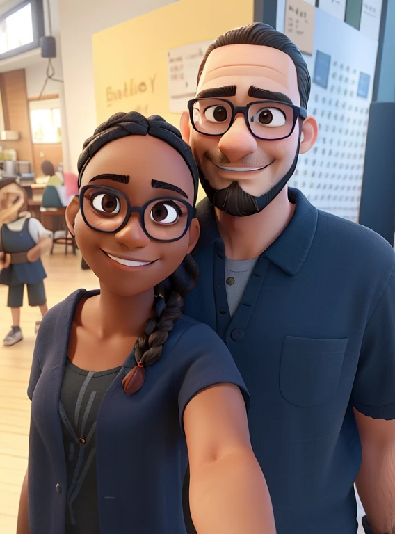 Create a couple where the man has short hair and wears glasses and a beard and the woman does not wear glasses, however, she wears braids and is dark-skinned with a beautiful smile.