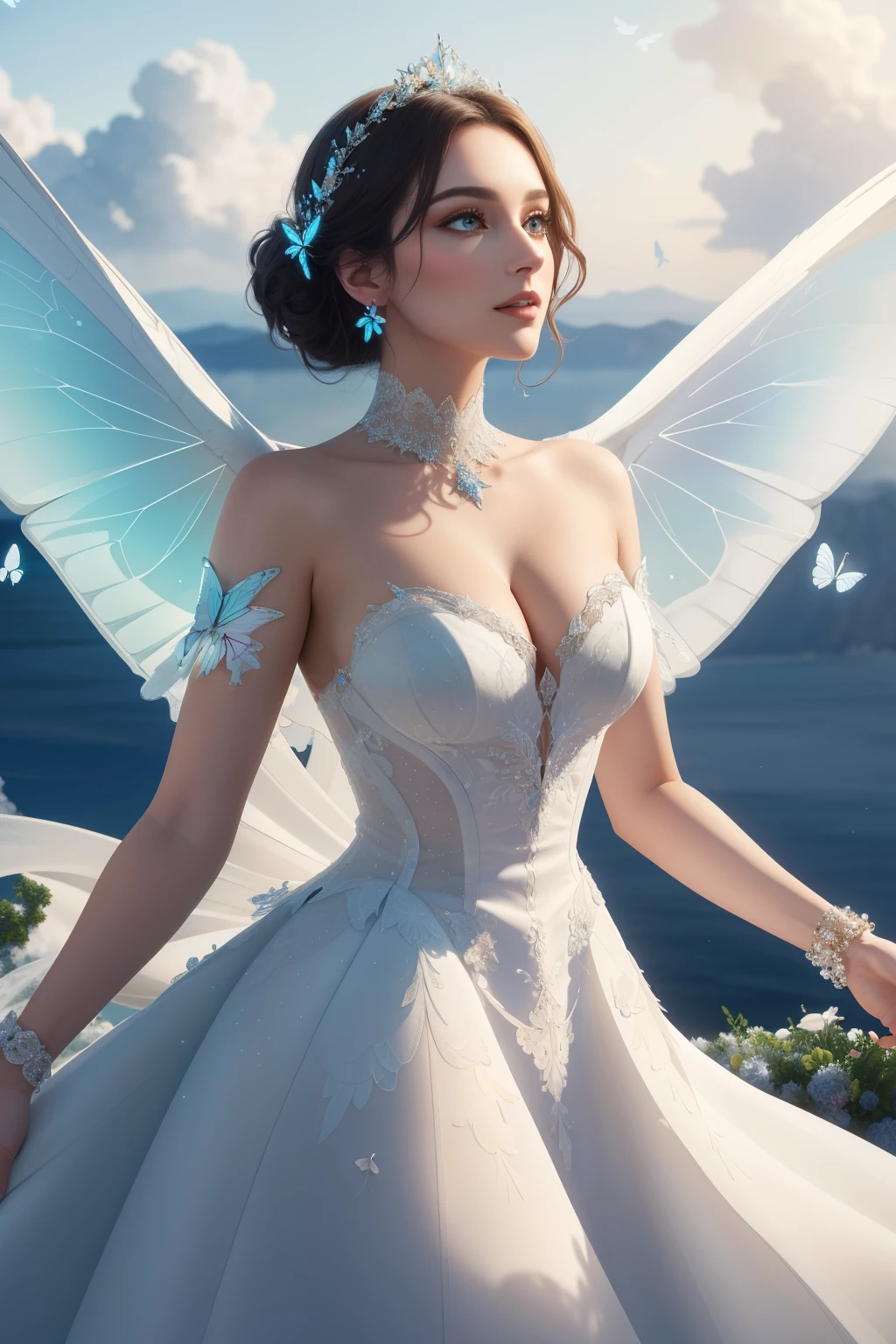 A mesmerizingly detailed flutter of white butterflies, reminiscent of a billowing cloud, unfolds against a pristine, plain off-white backdrop. This cinematic scene exudes an aura of falsistic allure and intrigue, often associated with the realm of high-end fashion. With every flutter of their delicate wings, these vibrant creatures emit a kaleidoscope of colors, revealing rich, jewel-toned hues that dazzle the senses.
This captivating moment is masterfully rendered in 3D, elevating the viewer's experience and transporting them to a fantastical realm where art and nature converge. The conceptual