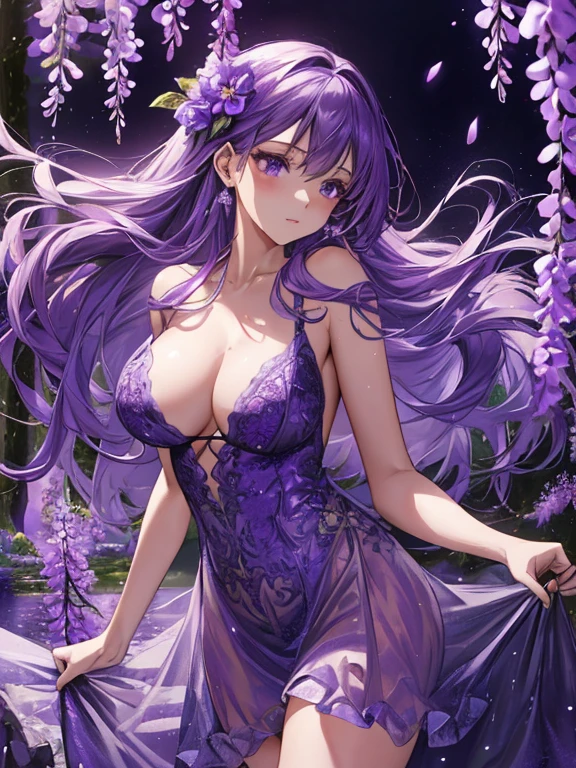 {{{{masterpiece}}}}, {{{super detailed}}}, {{{High resolution}}}, {{excellent anatomy}}, (((highest quality))), ((very delicate and beautiful)), {{very detailed and delicate}}, {8k cg wallpaper},((detailed background))One female、best style、beautiful woman、The most beautiful woman in the world、Purple flowers are blooming on the purple lake surface, soft purple glow, Purple light, (purple wisteria forest), Dynamic lighting for the wisteria season, art, shining purple, Purple petals are dancing everywhere、 The blossoming path to heaven, purple glow、Purple water、purple reflective water surface、purple light、(Sexy sheer dress:1.5),((big breasts))、show through、waterside and wisteria、Detailed design、beautiful design、Sexy design