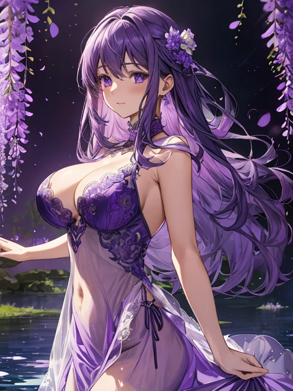 {{{{masterpiece}}}}, {{{super detailed}}}, {{{High resolution}}}, {{excellent anatomy}}, (((highest quality))), ((very delicate and beautiful)), {{very detailed and delicate}}, {8k cg wallpaper},((detailed background))One female、best style、beautiful woman、The most beautiful woman in the world、Purple flowers are blooming on the purple lake surface, soft purple glow, Purple light, (purple wisteria forest), Dynamic lighting for the wisteria season, art, shining purple, Purple petals are dancing everywhere、 The blossoming path to heaven, purple glow、Purple water、purple reflective water surface、purple light、(Sexy sheer dress:1.5),((big breasts))、show through、waterside and wisteria、Detailed design、beautiful design、Sexy design