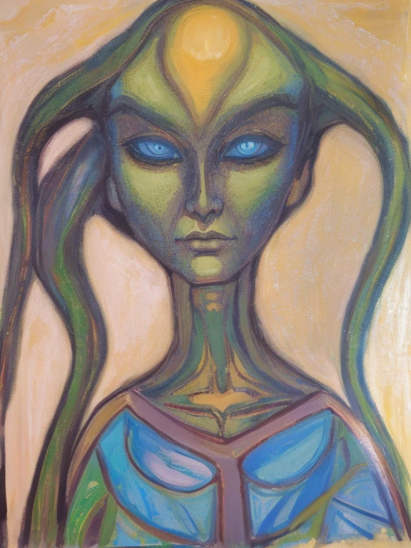 painting of a woman with a green alien face and long hair, alien woman, Alien girl, female alien, portrait of an alien, portrait of a space alien, portrait of an alien humanóide, alien portrait, portrait of a cosmic goddess, alien princess, angry female alien, Alien art, inspirado em Ernst Fuchs, inspirado por Jan Toorop