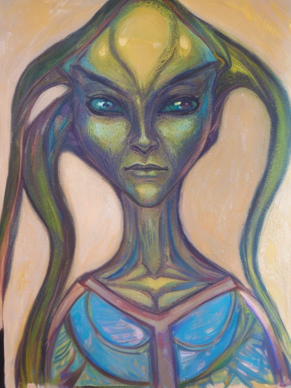 painting of a woman with a green alien face and long hair, alien woman, Alien girl, female alien, portrait of an alien, portrait of a space alien, portrait of an alien humanóide, alien portrait, portrait of a cosmic goddess, alien princess, angry female alien, Alien art, inspirado em Ernst Fuchs, inspirado por Jan Toorop