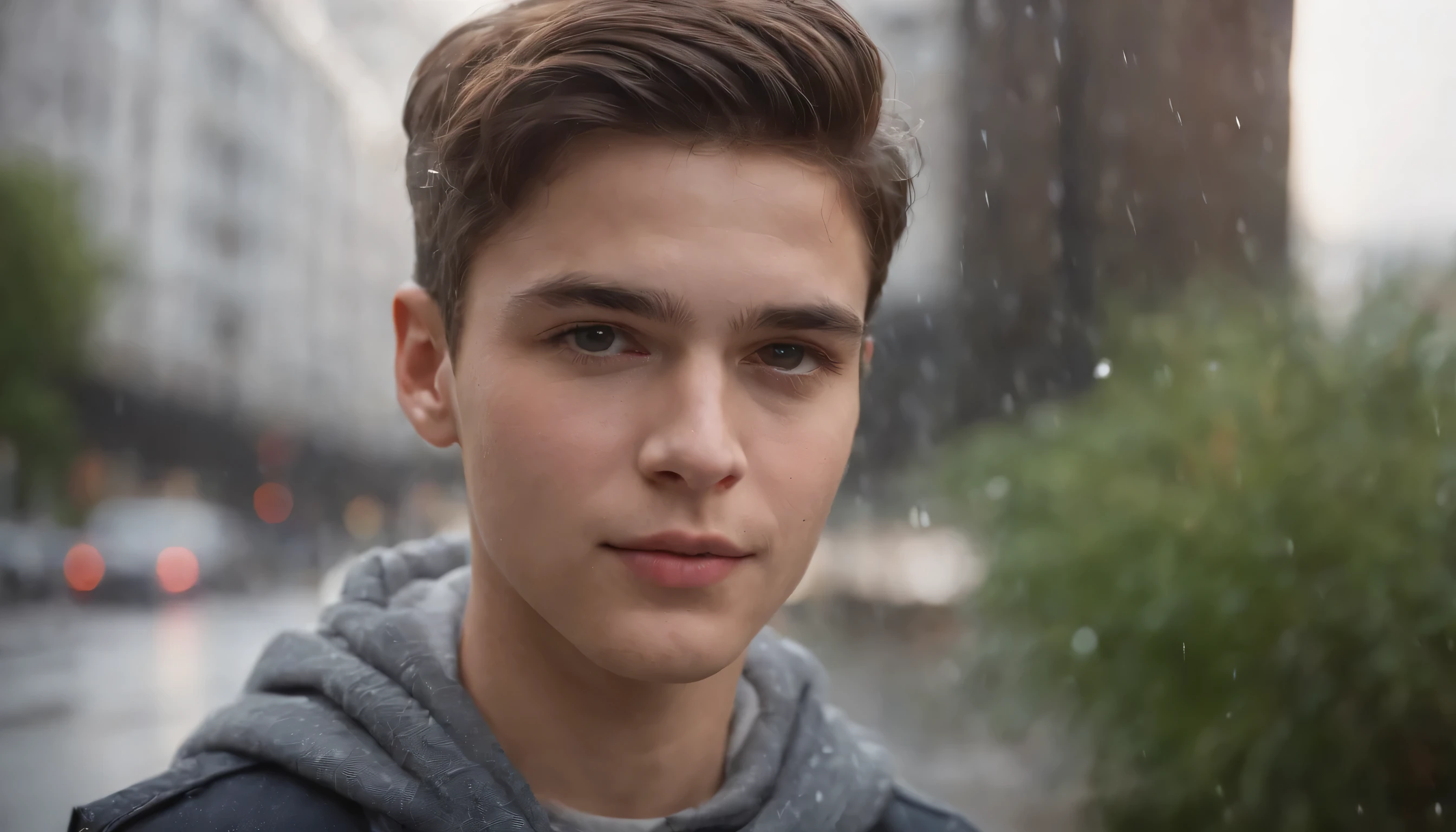 Portrait of a boy in post-rain urban environment, the AI focuses its attention on an incredibly handsome young man. Drops of water run down your face, reflecting the city lights at night. A cena'The lighting is dominated by streetlights that create illuminated puddles of water., adding a touch of melancholic romanticism to the environment. Camera Setup: Foco 0.2, De 5.6, ISO 800 Certificate, velocidade do obturador 1/125. To capture the delicacy of water droplets and ensure a clear image, o Al Midjourney opta por uma abertura moderada, mantendo o fundo sutilmente desfocado. A lente de 50 mm proporciona uma imagem natural, intimate perspective. The higher ISO is chosen to compensate for reduced shutter speed, capturing details even in low light conditions.