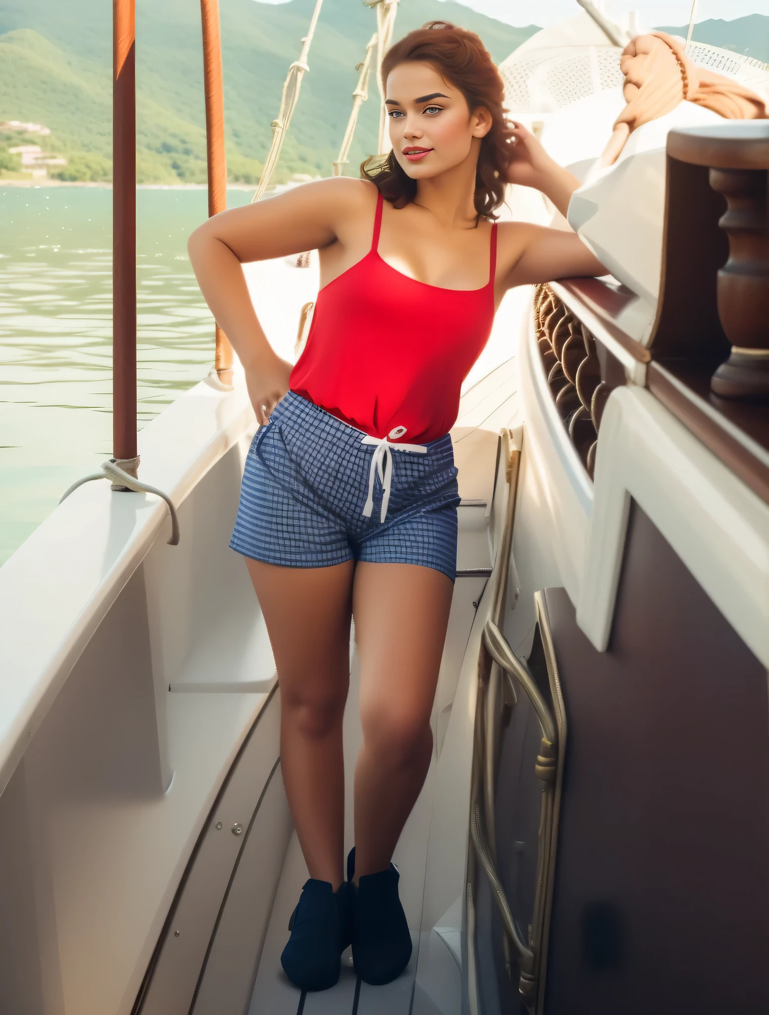 Brazilian woman in a red blouse and blue and white striped shorts standing on a boat, on the bow, at sea, dressed in a top and shorts, on a lake, on a yacht at sea, in shorts, standing on the deck of a ship, wearing red shorts, standing on the deck of a ship, on a pirate ship. Woman with white skin and dark hair. Her red, slightly plump lips are like a delicate flower, and her big, charming eyes seem to contain a world of wonders. She is 30 years old. She is 162 cm tall and her body weighs 56 kg. Her body exudes glamor and her face is the definition of beauty. shapely legs. Highly realistic, reddish skin, beautiful lips, smile, feeling of lightness and joy, hyperrealism, very elaborate skin, direct look, work of art, high quality, great clarity, high resolution, 8k.