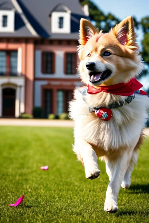  German Spitz dog with red bandana around his neck running fast on flowery grass in a mansion