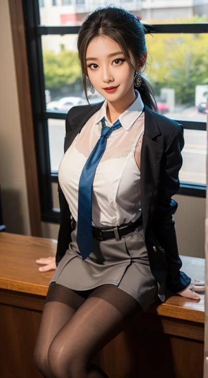 Exquisite, masterpiece, beautiful details, colorful, exquisite details, delicate lips, intricate details, perfect breasts, 1 female, (a beautiful 20-year-old cute Korean woman: 1.1), (kpop idol, Korean mixed), (ponytail + brunette : 1.2), (photorealistic:1.4), (SPY:1.2), (Open Jacket,see through Shirt, Skirt,Tie, Black Pantyhose,Christian Louboutin:1.3), Earrings, Necklaces, Armbands, (Beautiful Legs, High Girl, Skinny, slim_legs, thigh_gap, Model: 1.2), Lens flare, viewed from the front, (Happy smile: 1.1), dynamic pose, (makeup: 1.2), sitting on a hotel front desk stool, hourglass body, cleavage , sexy pose