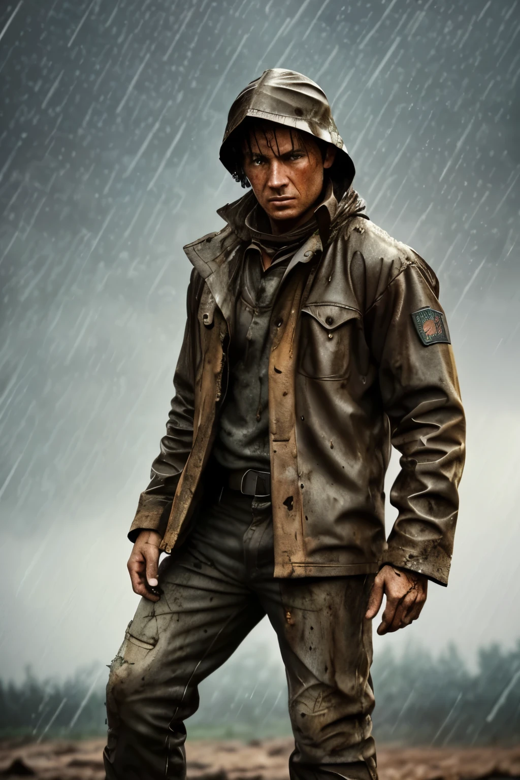 A strong and determined figure, embodiment of resilience, weathered by the elements, brave and unwavering, (rain-soaked:1.3), rugged clothing, mud-splattered boots, (grim expression:1.1), head held high, (tattered:1.2), battle-scarred body, (glowing eyes:1.2), despite hardships, unyielding spirit, (fire in the background:1.2), overcoming adversity, (dusty:1.1), worn but not broken.