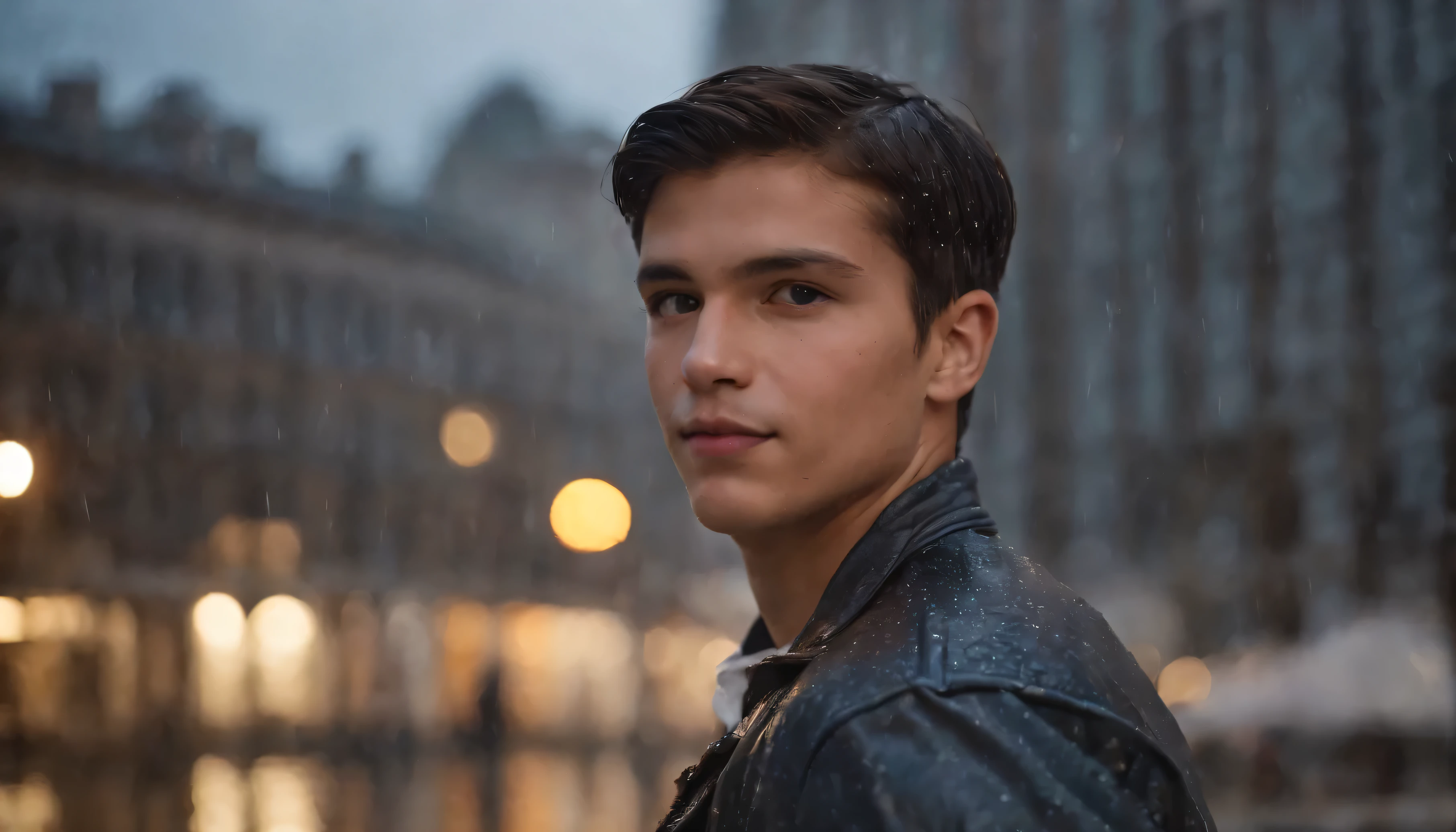 Portrait of a boy in post-rain urban environment, the AI focuses its attention on an incredibly handsome young man. Drops of water run down your face, reflecting the city lights at night. jantar&#39;The lighting is dominated by streetlights that create illuminated puddles of water., adding a touch of melancholic romanticism to the environment. Camera Setup: Foco 0.2, de 5.6, ISO 800 Certificate, velocidade do obturador 1/125. To capture the delicacy of water droplets and ensure a clear image, o Al Midjourney opta por uma abertura moderada, mantendo o fundo sutilmente desfocado. A lente de 50 mm proporciona uma imagem natural, intimate perspective. The higher ISO is chosen to compensate for reduced shutter speed, capturing details even in low light conditions.
