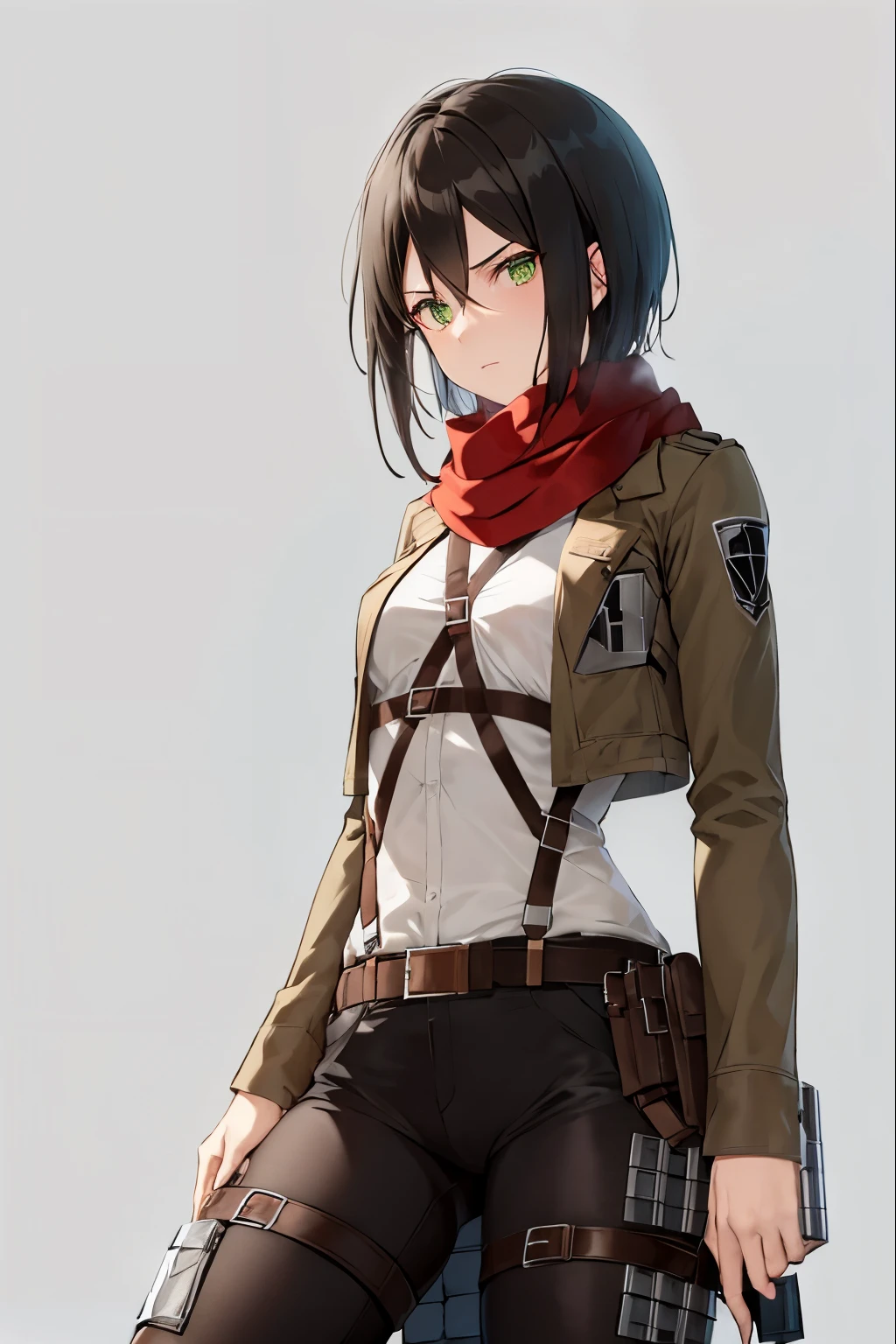 AOT style, Shingeki no Kyojin,
Mikasa Ackerman,
1 girl, arm strap, bangs, black hair, black pants, chest, cowboy shot, embers, green eyes, gray background, hair between eyes, Harness, long sleeve, looking at the viewer, medium chest, pants, red scarf, scarf, shirt, short hair, cigarette, alone, thigh strap, brown jacket, white shirt, investigation team \(symbol\)
, ((masterpiece)), highest quality
,