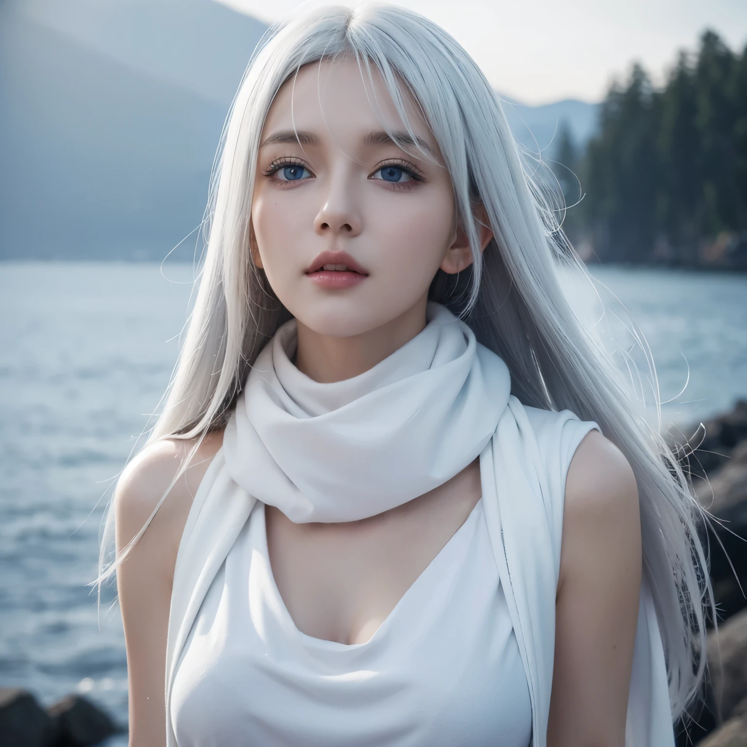 best quality, (wide shot), CGSsociety, 8K, ultra-realistic, masterpiece, dark elf child, white hair, blue eyes, white clothes, black scarf, looking up, upper body showing big breasts, lock of hair, dark skin , straight and loose hair