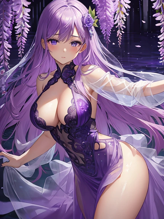 {{{{masterpiece}}}}, {{{super detailed}}}, {{{High resolution}}}, {{excellent anatomy}}, (((highest quality))), ((very delicate and beautiful)), {{very detailed and delicate}}, {8k cg wallpaper},((detailed background))One female、best style、beautiful woman、The most beautiful woman in the world、Purple flowers are blooming on the purple lake surface, soft purple glow, Purple light, (purple wisteria forest), Dynamic lighting for the wisteria season, art, shining purple, Purple petals are dancing everywhere、 The blossoming path to heaven, purple glow、Purple water、purple reflective water surface、purple light、(Sexy sheer dress:1.5),((big breasts))、show through、waterside and wisteria、Detailed design、beautiful design、Sexy design、Sheer skin、shape of nipple