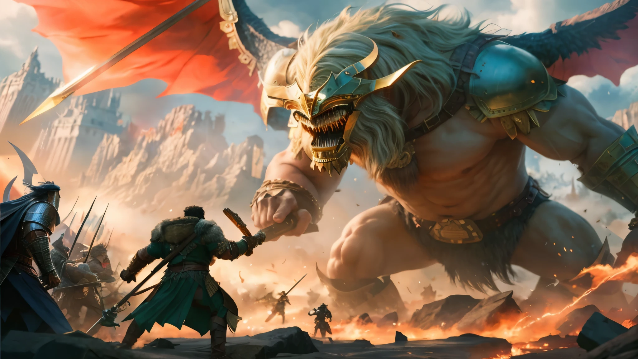 a group of men wearing Roman armor standing in front of a giant nephilim, image of nephilim giant , gilgamesh, wojtek fus, fur-clad barbarian goliath, by Darek Zabrocki, by Kerembeyit, by Adam Marczyński, by Aleksander Gierymski, by Aleksander Kotsis, by Aleksi Briclot, a giant nephilim wearing looking at the warrior at the right side holding shield with armor and a sword, realistic image, 16k resolution, giant nephilim wearing gold armor shouting at the enemy,