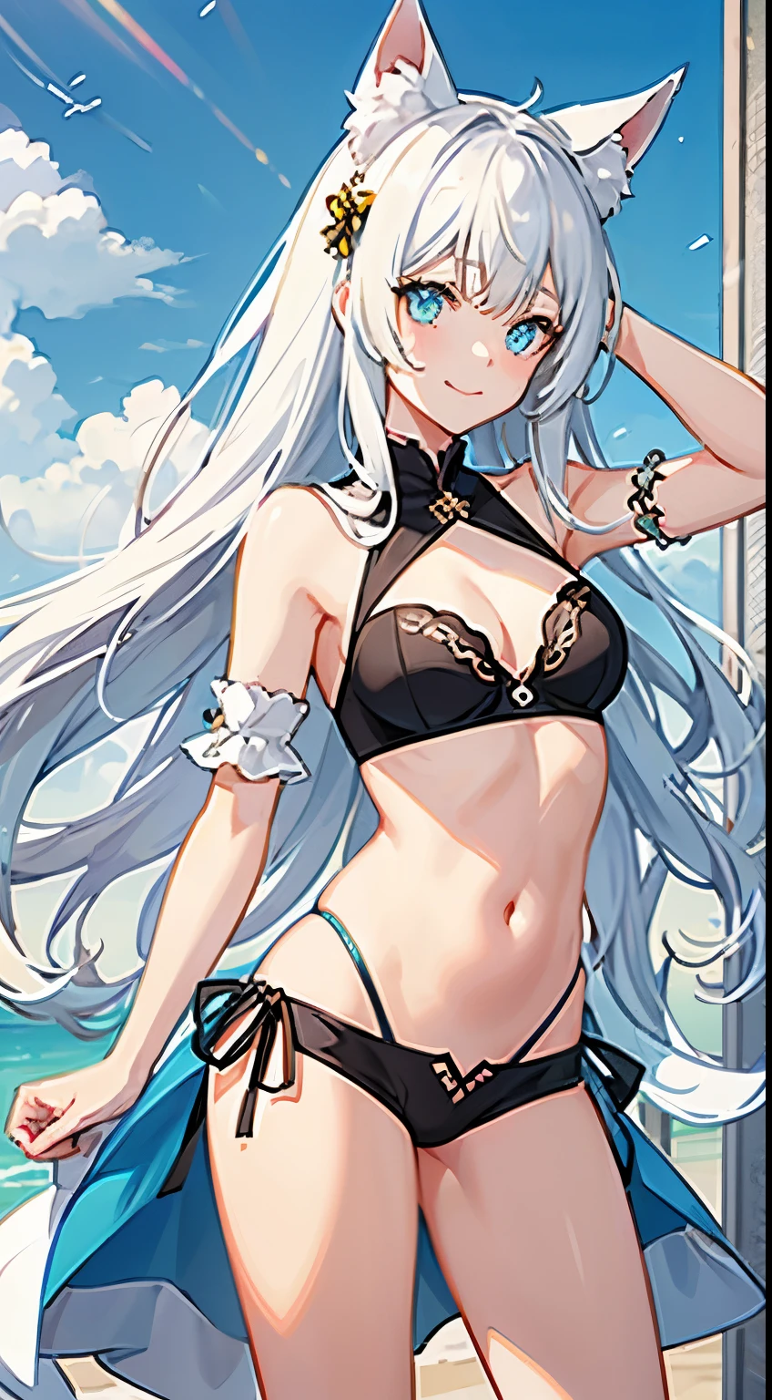 young girl, Long white hair, Cat's ears, Heterochromia, Yellow and blue eyes, tight turquoise top, Sleeveless, Shorts, open belly, White patterns on clothes, smirk, Receive, Masterpiece, hiquality