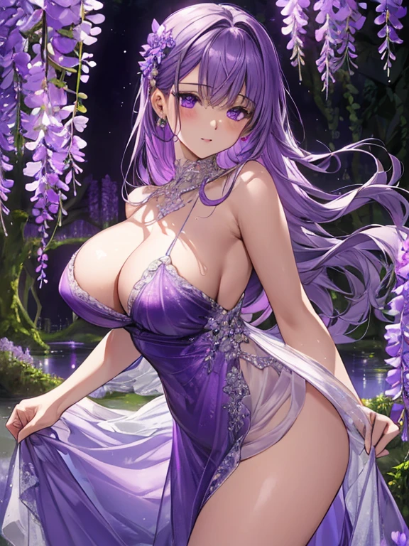 {{{{masterpiece}}}}, {{{super detailed}}}, {{{High resolution}}}, {{excellent anatomy}}, (((highest quality))), ((very delicate and beautiful)), {{very detailed and delicate}}, {8k cg wallpaper},((detailed background))One female、best style、beautiful woman、The most beautiful woman in the world、Purple flowers are blooming on the purple lake surface, soft purple glow, Purple light, (purple wisteria forest), Dynamic lighting for the wisteria season, art, shining purple, Purple petals are dancing everywhere、 The blossoming path to heaven, purple glow、Purple water、purple reflective water surface、purple light、(Sexy sheer dress:1.5),((big breasts))、show through、waterside and wisteria、Detailed design、beautiful design、Sexy design、Sheer skin、shape of nipple