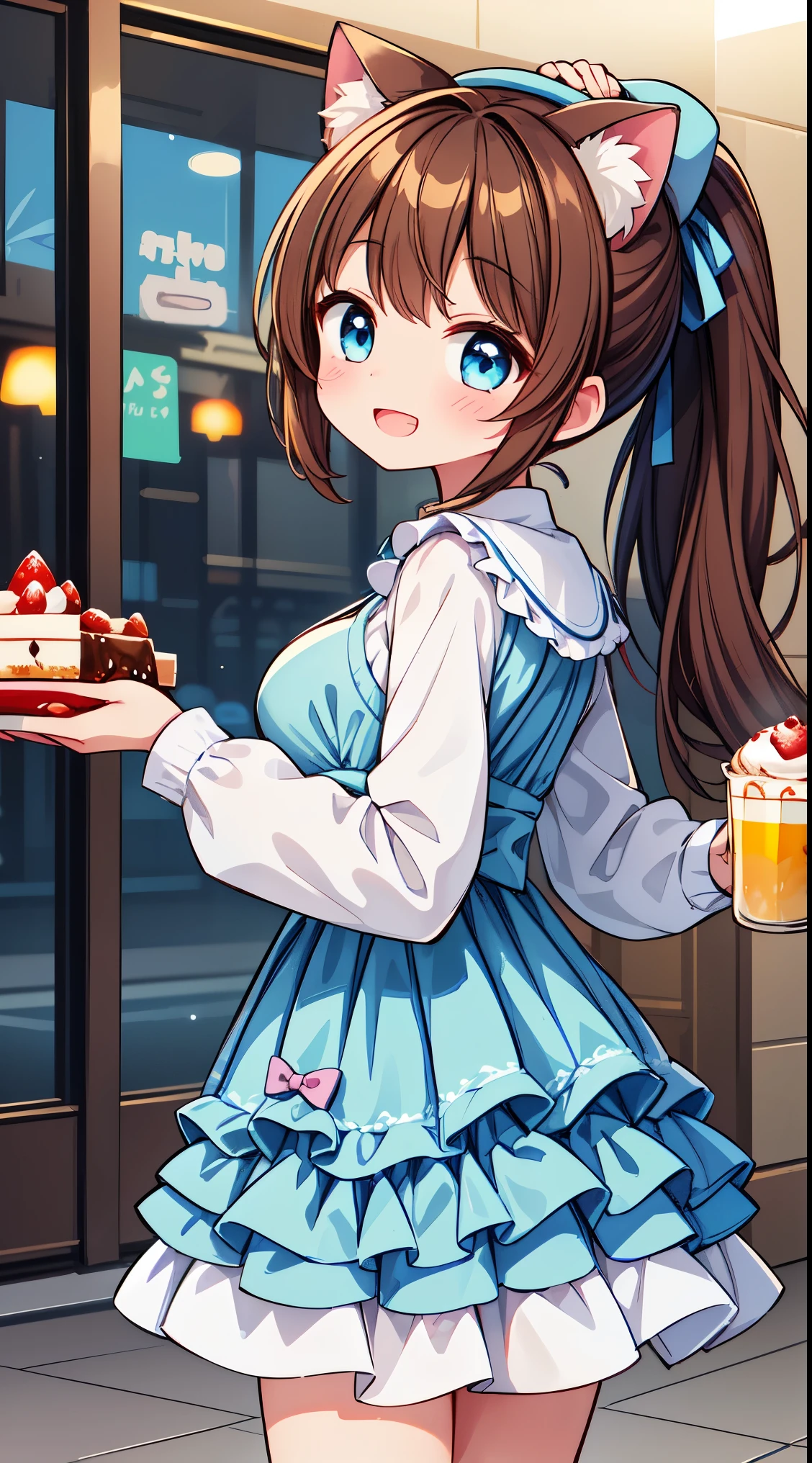 (8k, best quality, masterpiece:1.2),(best quality:1.0), (ultra highres:1.0), watercolor,


BREAK, 1 beautiful girl, (17 years old girl),Solo,(Cute:1.5),(Chibi:0.6),(kawaii:1.5),(Lori:0.5),BREAK,1 beautiful girl, (17 years old girl), Very detailed, colourfull, highest details, BREAK, (Huge breasts: 1. 2), Clear skin, Beautiful skin, Shy skin, 1 beautiful girl, (Brown hair:1.75), (Cat ears, Ponytail, medium-Long hair: 1. 2), (Light blue eyes, long eyelashes, Double eyelids: 1. 2),Solo,gleaming skin, Clear skin, Beautiful skin,(best quality face),(Top quality glowing eyes),(The best smile,:D:1.45), nose blush, sleepy, grin, open mouth,
BREAK, train,station,(a girl), platform, snow, BREAK, (dessert motif inspired:1.2), white lace, (closed collar long-sleeved blouse:1.2) with frilled and ribbon, a volumey pannier under a (dessert-pattern long dress:1.6) with (lots of layered frills:1.2) and ribbons, (lace ruffle socks:1.2), dessert-themed accessories, hat, platform shoes,


BREAK,wakame,wakame,wakame,(Cowboy Shot,from behind1.4), 


BREAK,(Blurry background:1.3),(absurderes, hight resolution, Super Detail Art),cel shading,Clear Color, Lonely optical effect, Beautiful pictures, Bright glow, mystic atmosphere,(Close-up of girl:1.1), Mystical light particle effect,manga influence, clean line drawings, 