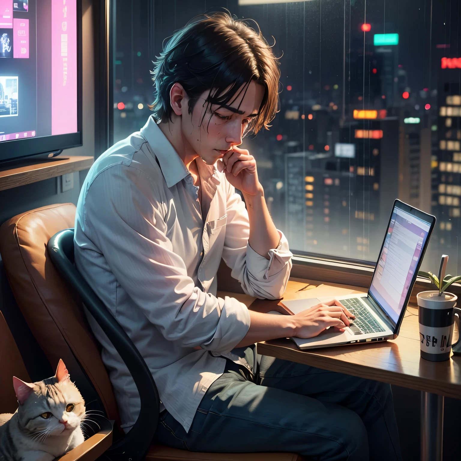 crying man, sitting on bed with laptop, laptop and man, sitting on a laptop chair, ultra-realistic rendering, imagem hiperrealista, Super realistic illustration, city rain, Kabukicho City, shinjuku night ,machine,sit,Cat,1animal
